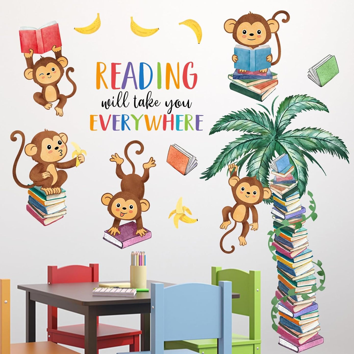 Mfault Monkey Reading Book Wall Decals Stickers, Reading Will Take You Everywhere Nursery Classroom Decorations Bedroom Art, Jungle Animal Inspirational Neutral Toddlers Kids Room Reading Corner Decor