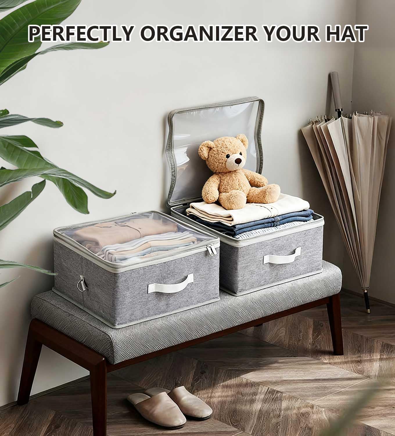 Livelab Fabric Storage Bins for Shelves with Clear Lid, 2-Pack Stackable Closet Organizer Basket with Handles, Foldable Storage Cubes Boxes for Organizing for Clothes, Towels, Books | Gray