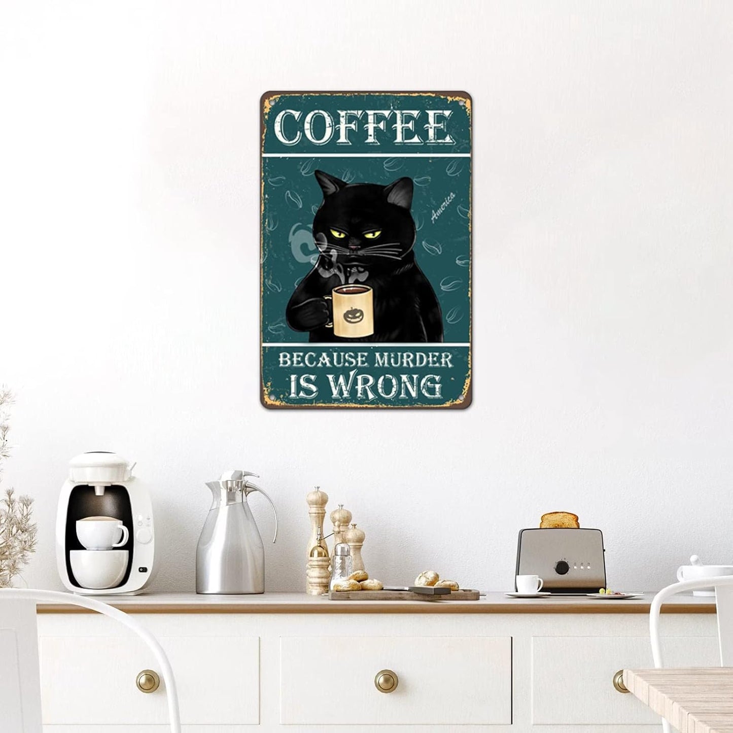 Bestylez Funny Black Cat Signs - Coffee Lovers Kitchen Decor, 12 x 8 Inch (912)