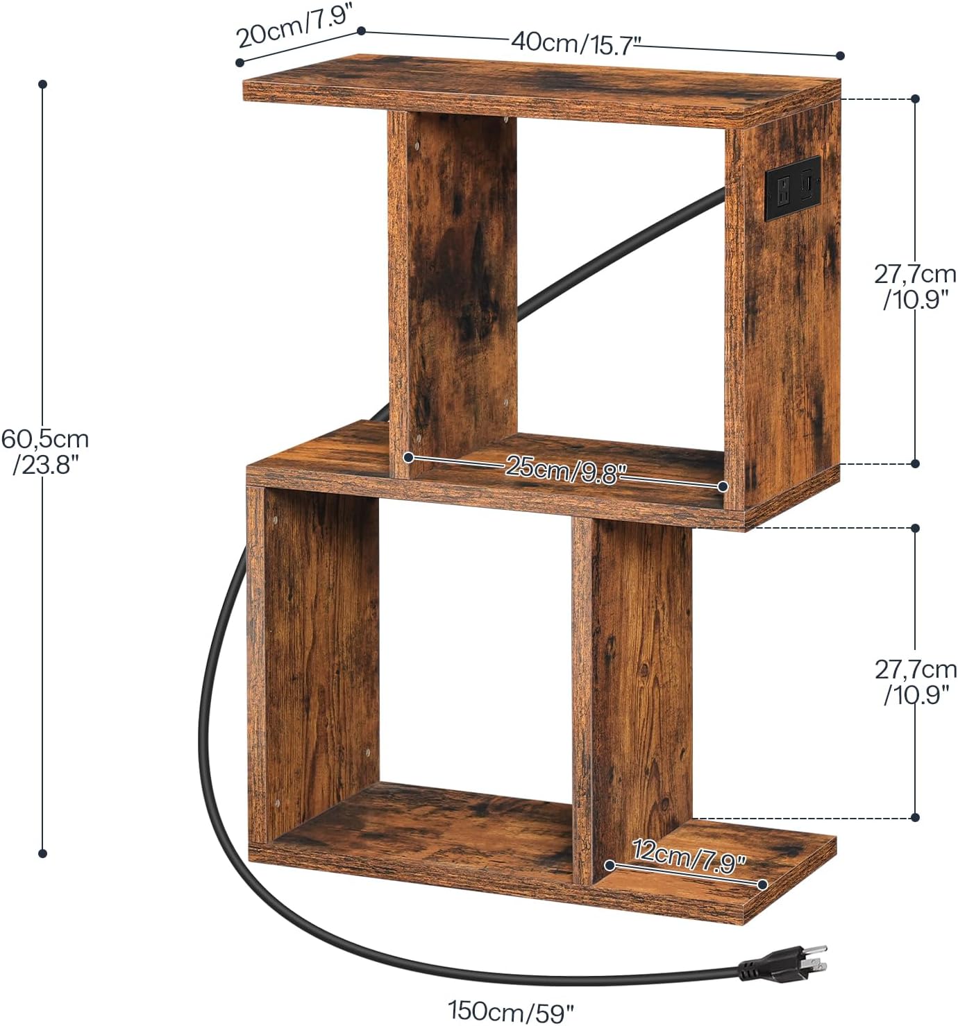 HOOBRO Narrow Side Table with Charging Station, S-Shaped Slim End Table Geometric Bookshelf, with Open Storage, for Small Space, Living Room, Bedroom, Rustic Brown FG137UBZ01