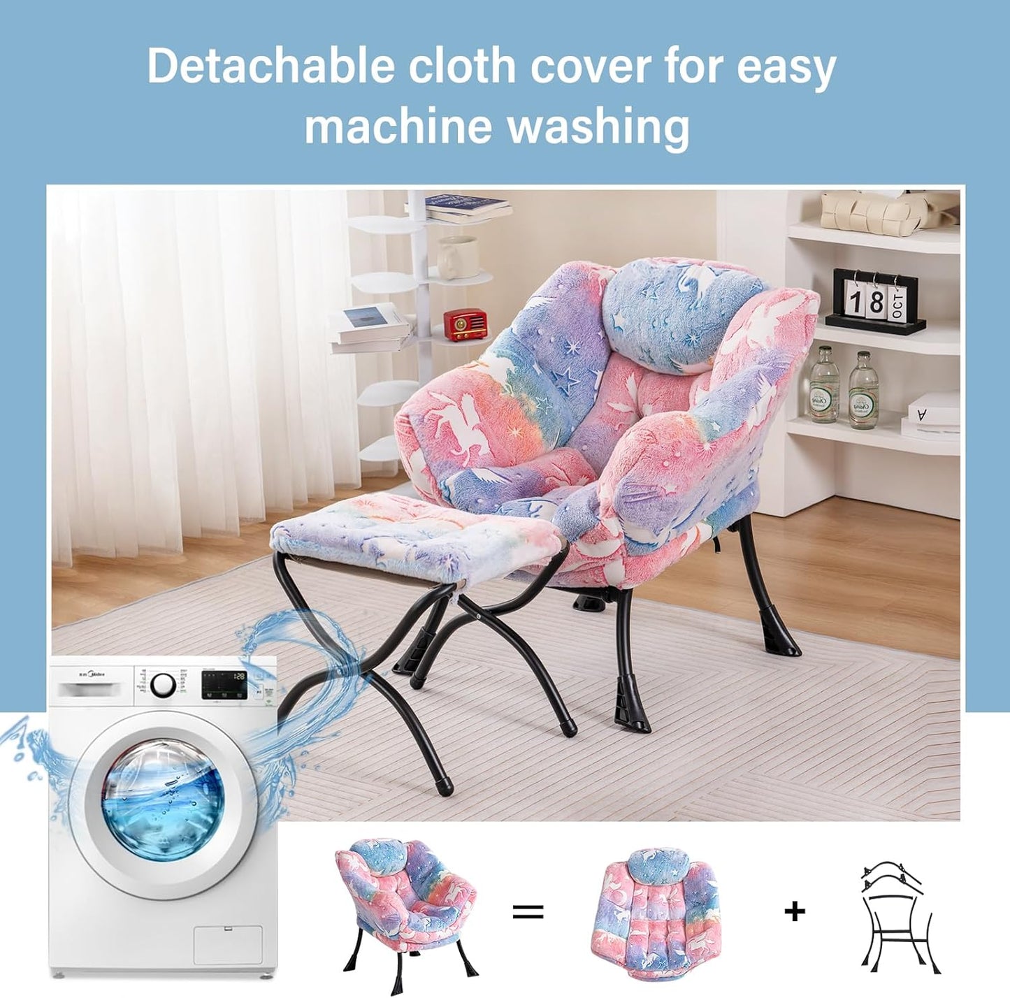 Welnow Toddler Kids Lazy Chair with Ottoman, Glow in The Dark Accent Comfy Lounge Children Armchair Couch with Removable Cover, Detachable Reading Chair with Footrest for Boy or Girl