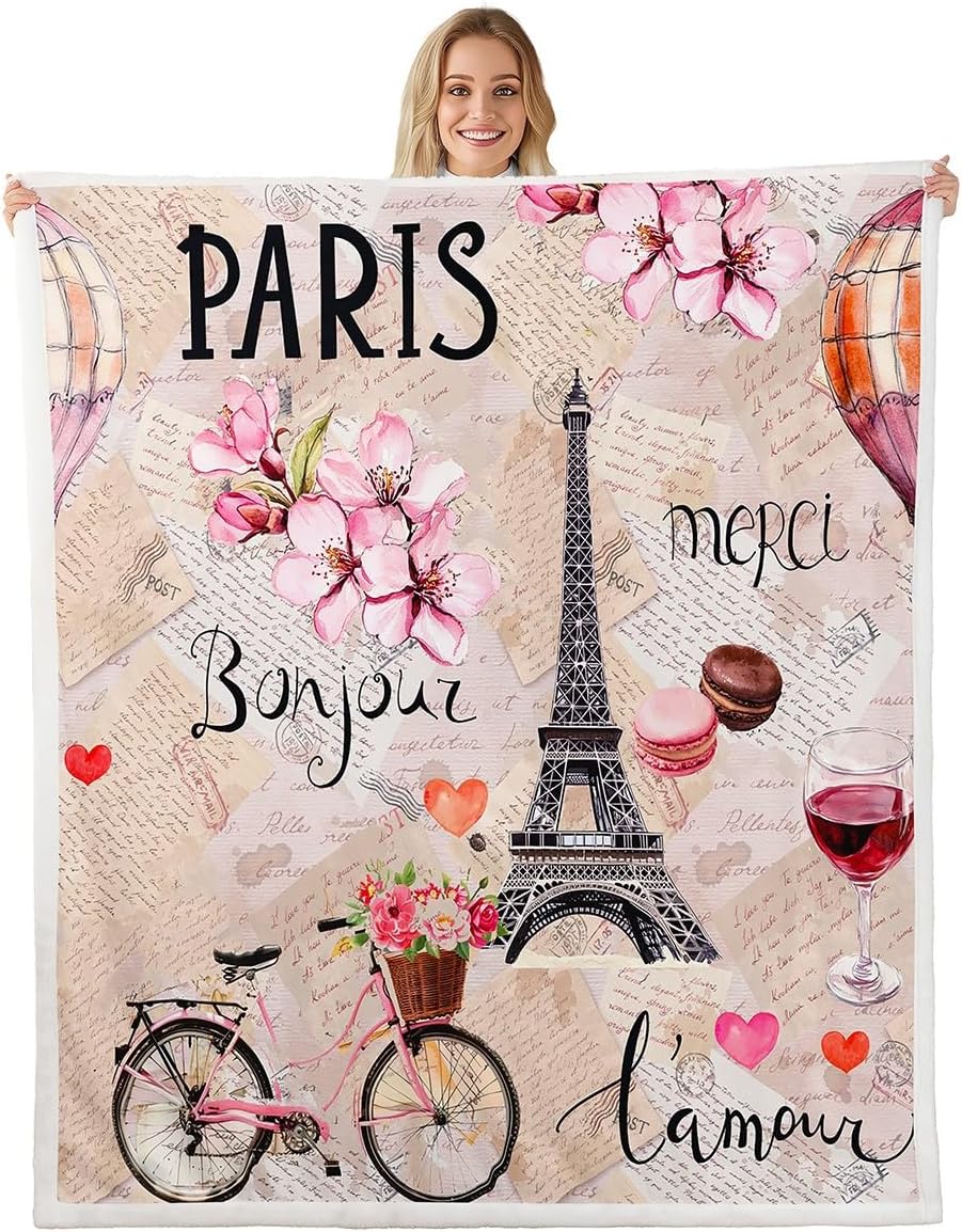 Feelyou Eiffel Tower Sherpa Throw Blanket Girls Chic Romantic Paris Theme Fleece Blanket for Bed Sofa Couch Women Teens Pink Floral Flowers Plush Blanket Retro French Letter Room DecorThrow 50"x60"
