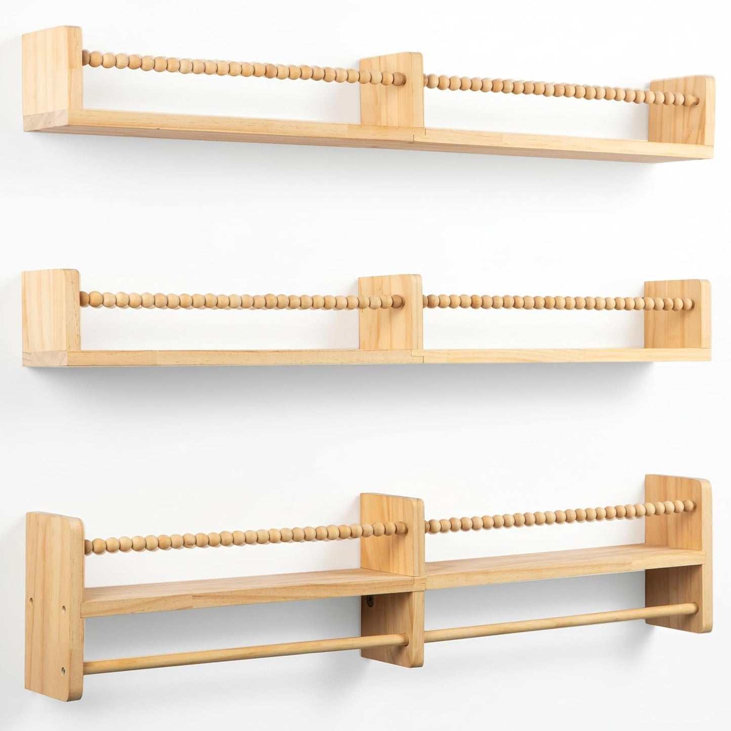 Floating Book Shelves for Nursery – Nursery Shelves for Wall with Hanging Rod – Set of 3 Wooden Wall-Mounted Shelves, Rounded Edges, Bookshelf for Kids Room Decor, 31.5" x 3.9" x 3.7