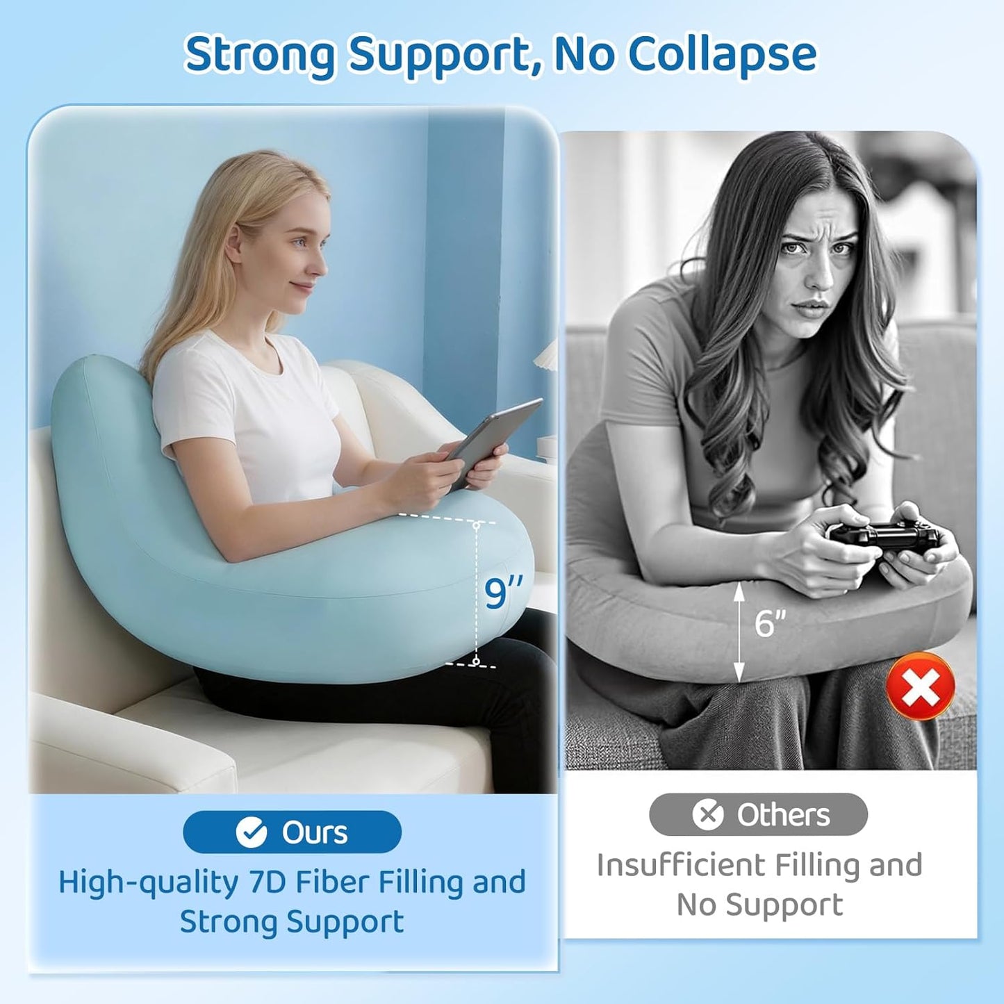 Crochet Pillow for Lap Support - Reading Pillow for Laptop with Extra Back Pillow for Support, Enlarged Gaming Pillow for Lap, Multi-Purpose Reading Pillow for Gaming/Working/Crocheting, Cooling Blue