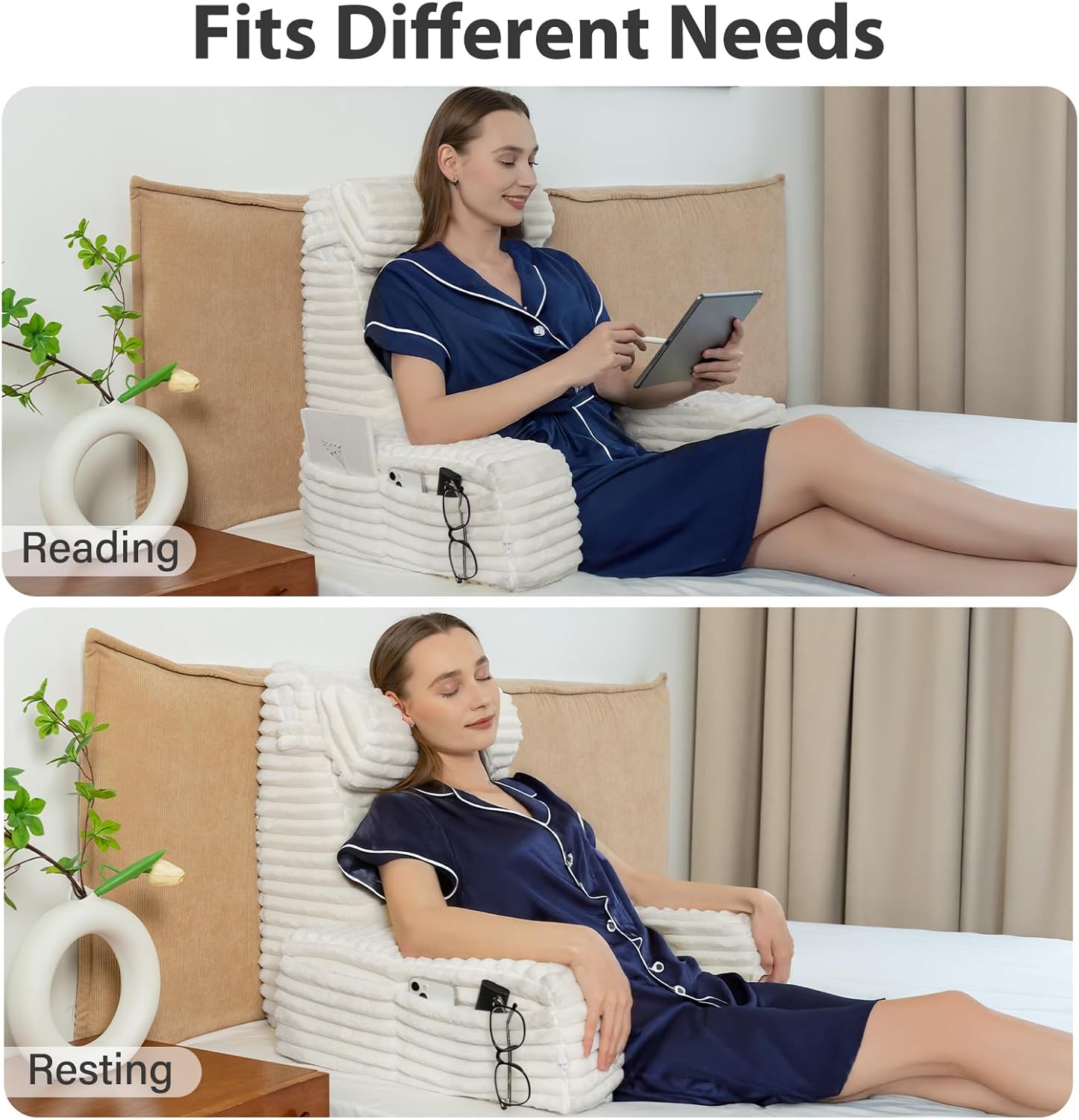 ENITYA Back Pillow for Bed Sitting up, Reading Pillow for Sitting in Bed Adult, Back Support Wedge for Reading/Resting/Post Surgery/Watching TV/Gaming,Ivory