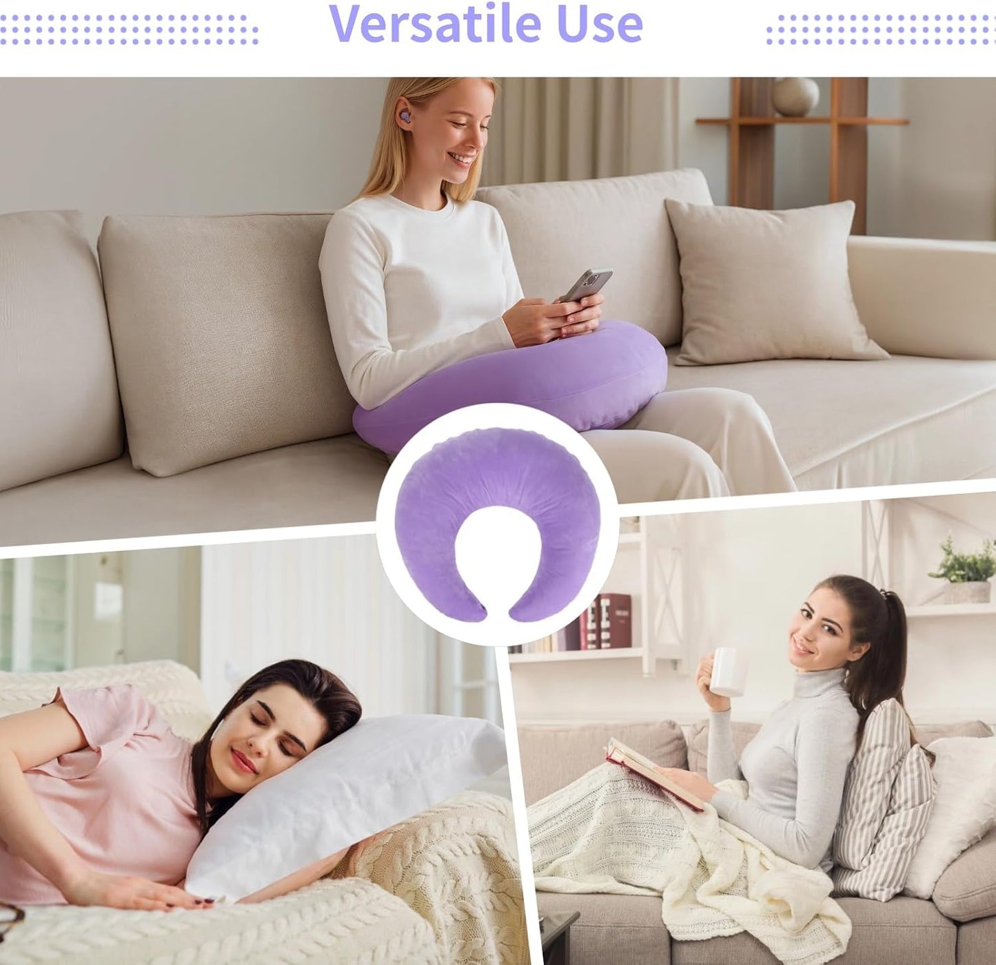 Violet U-Shaped Reading Pillow, 23.6 x 21.7 in Lap Support Pillow with Adjustable Strap, Crescent Design, PP Cotton Filling, Reading, Gaming, Arm, Back Support