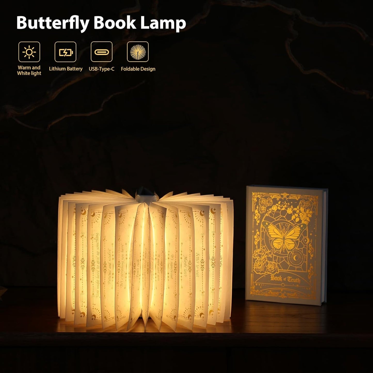 Magic Truth Book Light - Rechargeable LED Book Lamp for Home Decor, Ideal Christmas & Bookworm Gifts with Gold Foil Embossed Cover, Warm White Light for Entertainment & Relaxation (Blue)