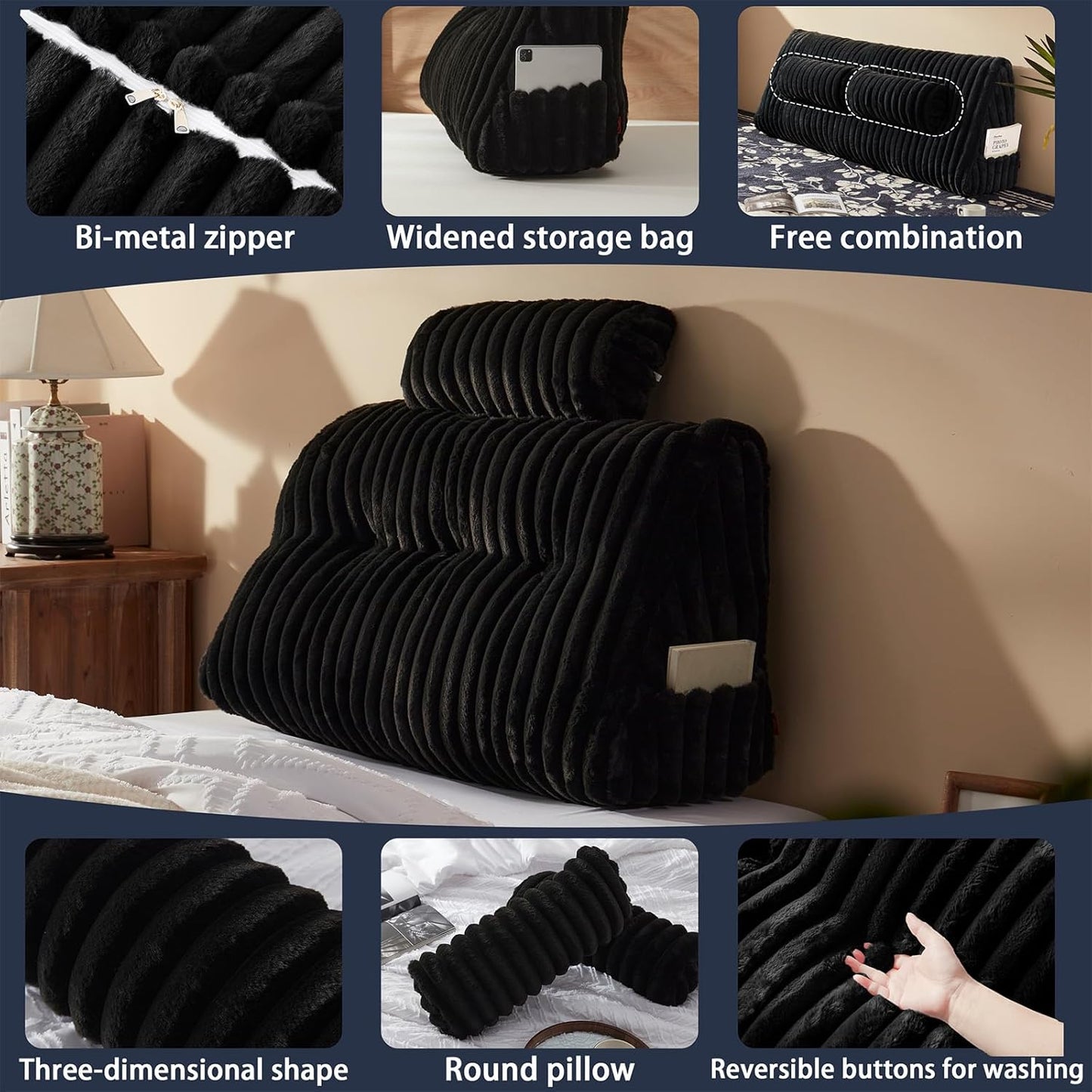 Faux Fur Headboard Pillow with 2 Pack Neck Roll Pillow Large Headboard Pillow Soft and Supportive with Removable Cover (Black, Twin)