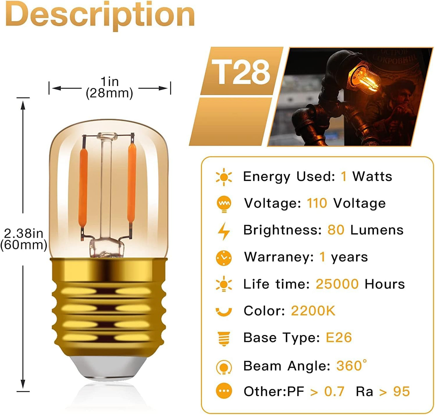 1W Low Wattage LED Edison Night Light Bulbs Warm,T28 Mini Vintage Light Bulb 10W Incandescent Equal,E26 Medium Screw Base Bulb for Oven Bulbs Decoration 6 Pack