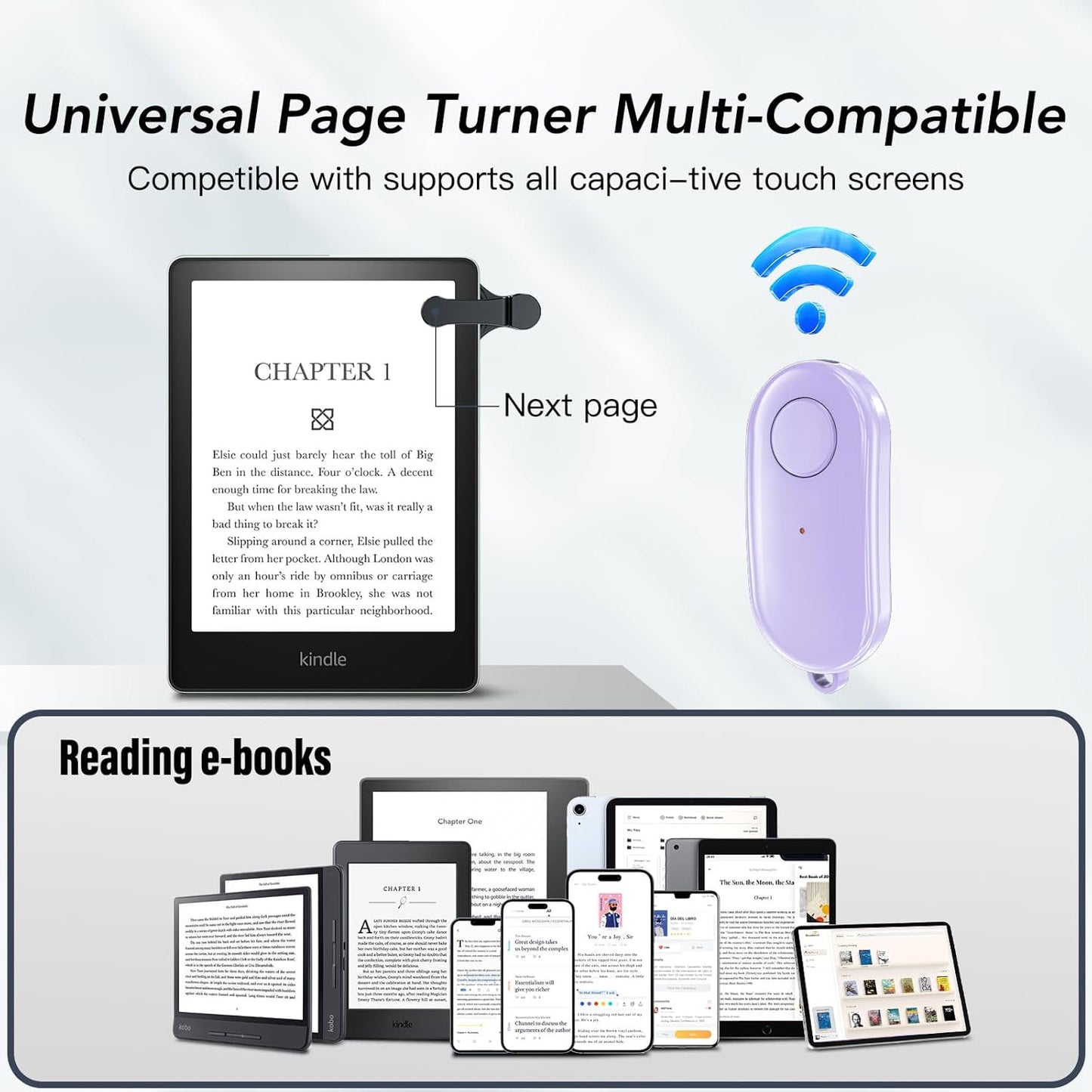 Remote Control Page Turner for Kindle Paperwhite Oasis Kobo eReaders,Kindle Clicker Page Turner Accessories for iPhone,iPad, Android Tablets Reading Novels,Camera Video Record&Shutter Selfie (Purple)