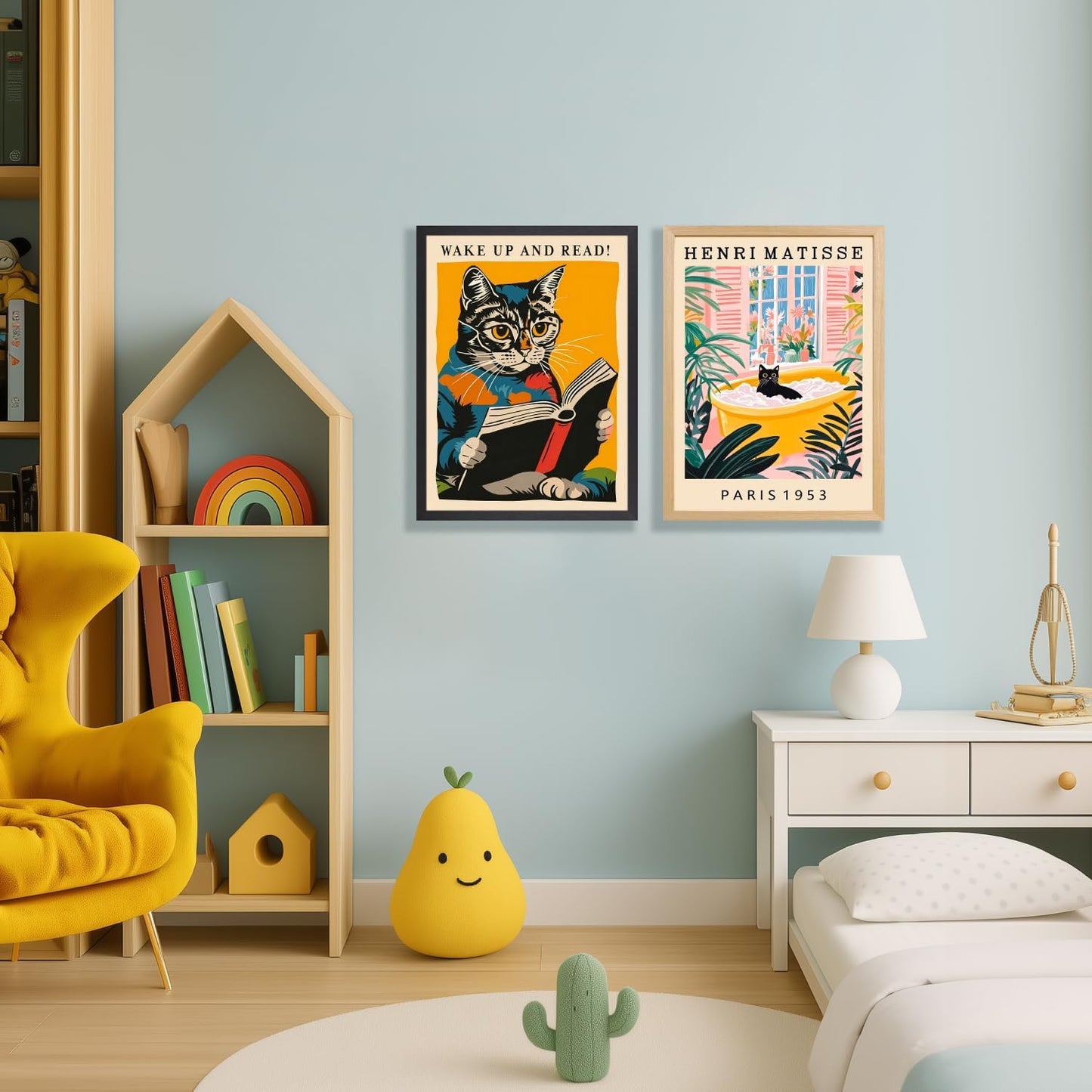 kilamino Wood Framed Funny Classroom Wall Art, Wake Up and Read Cat Wall Decor, Vintage Cute Animal Poster Print, Funny Reading Cat Canvas Painting for Library Classroom Bedroom School Office 16"x24"