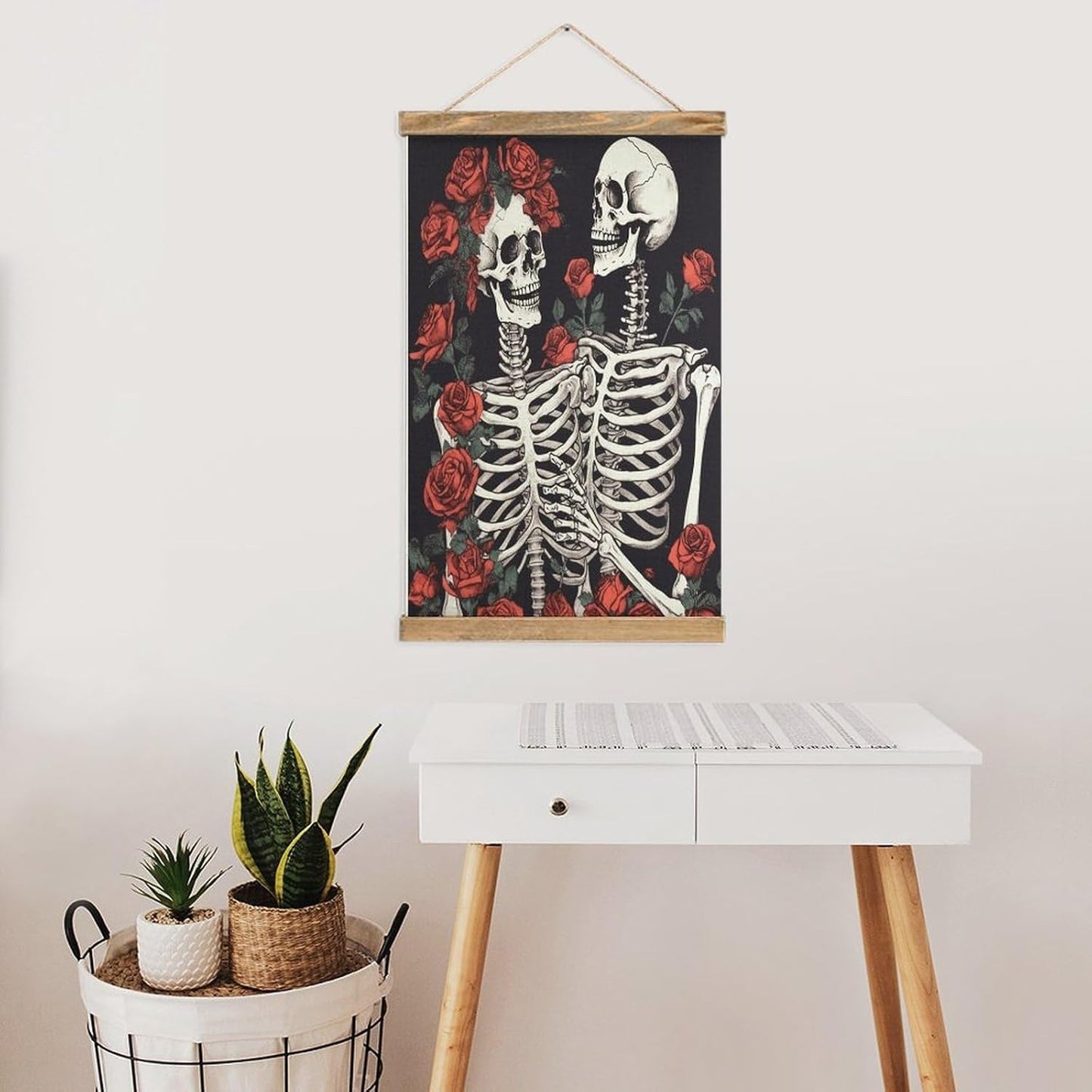 Vintage Rose And Skeleton Poster with Wooden Frame Personalized Linen Hanging Scroll Painting Rustic Wall Hanging Illustrative Modern Artwork Decor for Home Living Room Bedroom Office