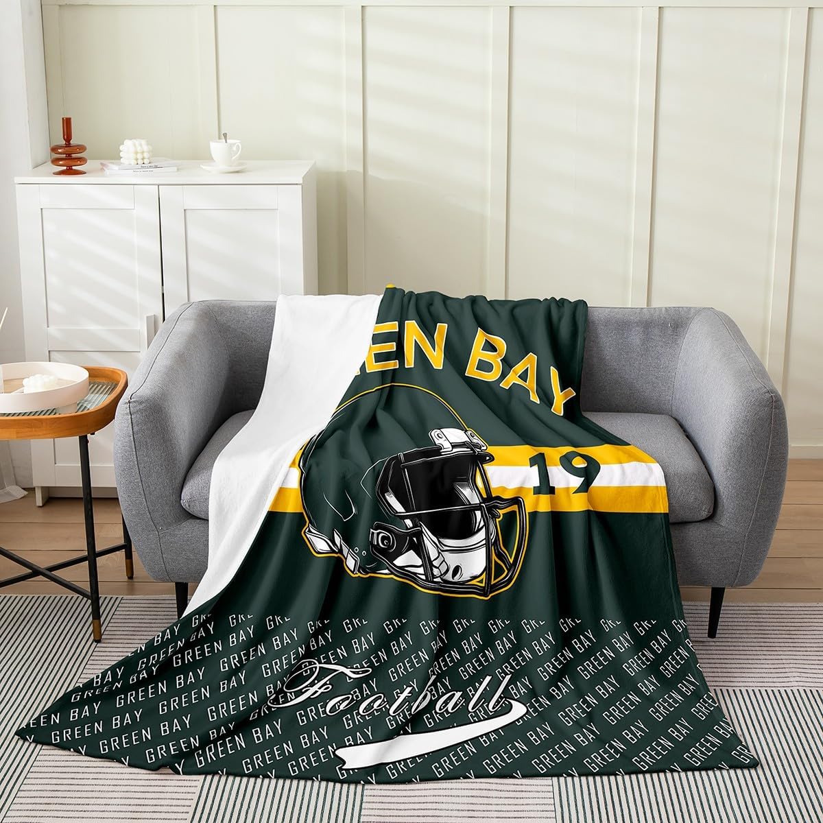 Feelyou Football Plush Throw Blanket Green Bay Flannel Blanket Queen 90"x90" Football City All Season Sports Games for Couch Bed Sofa Bedroom Decor