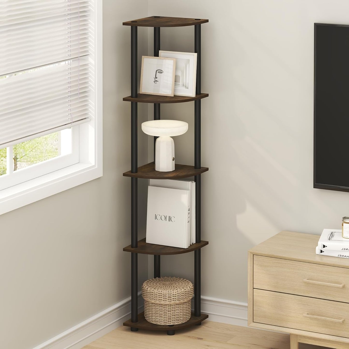 Furinno Turn-N-Tube Corner Shelf, 5-Tier Corner Bookshelf, Open Storage Shelves, for Organization and Storage, Living Room, Home Office, Garage, Bedroom, Amber Oak