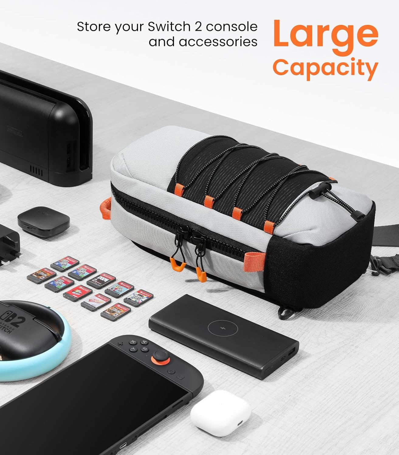 TiMOVO Sling Crossbody Bag for Nintendo Switch 2/Steam Deck/ROG Xbox Ally X/Legion Go, Travel Chest Carrying Case Backpack with 8 Game Card Slots for Switch 2 Console & Accessories, Gray