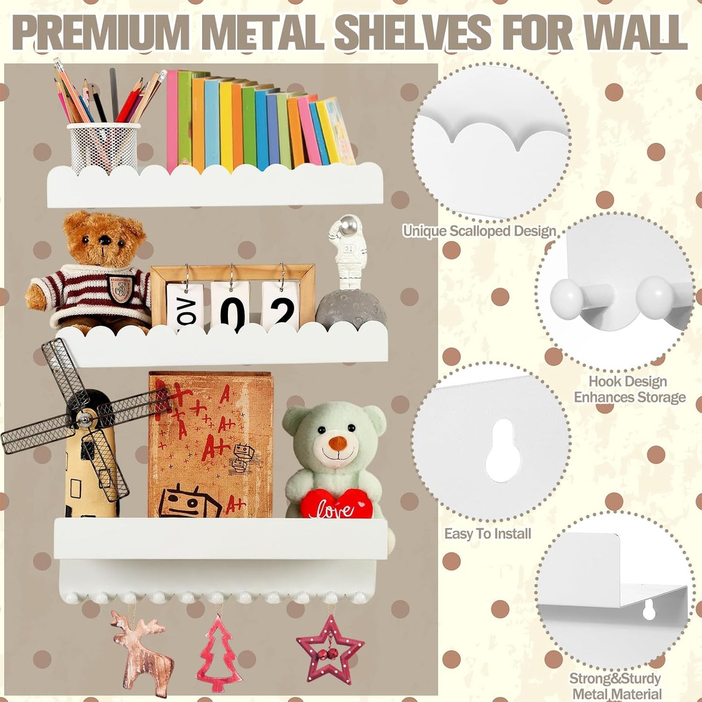 Nursery Book Shelves with Hooks Set of 3, Sturdy Metal Floating Scalloped Shelves for Nursery Wall Mounted White Book Shelf for Kids Room, Baby Bedroom, Bathroom, Playroom Decor, 16 Inch