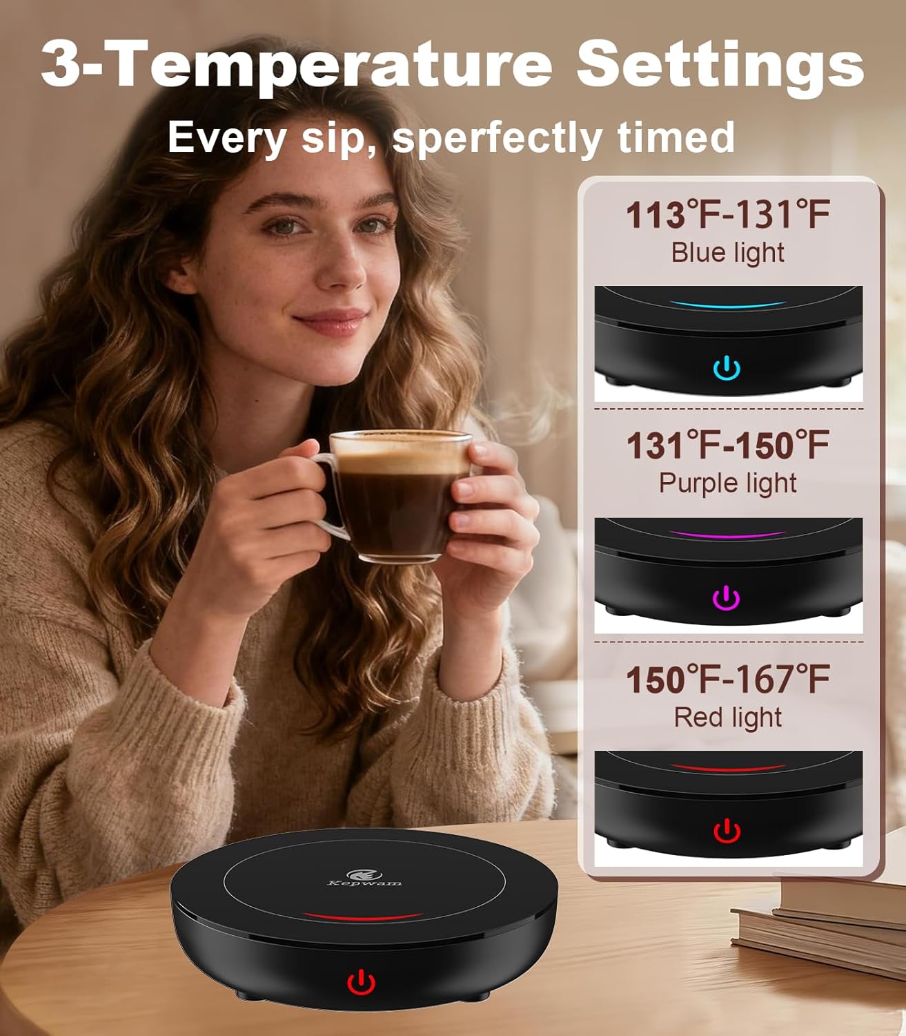 Kepwam Coffee Mug Warmer for Desk, 3-Temp Fast Heating Cup Warmer with 6H Auto Shut Off, LED Light & Smart Candle Warmer for All Beverages, Ideal Gifts for Women Men