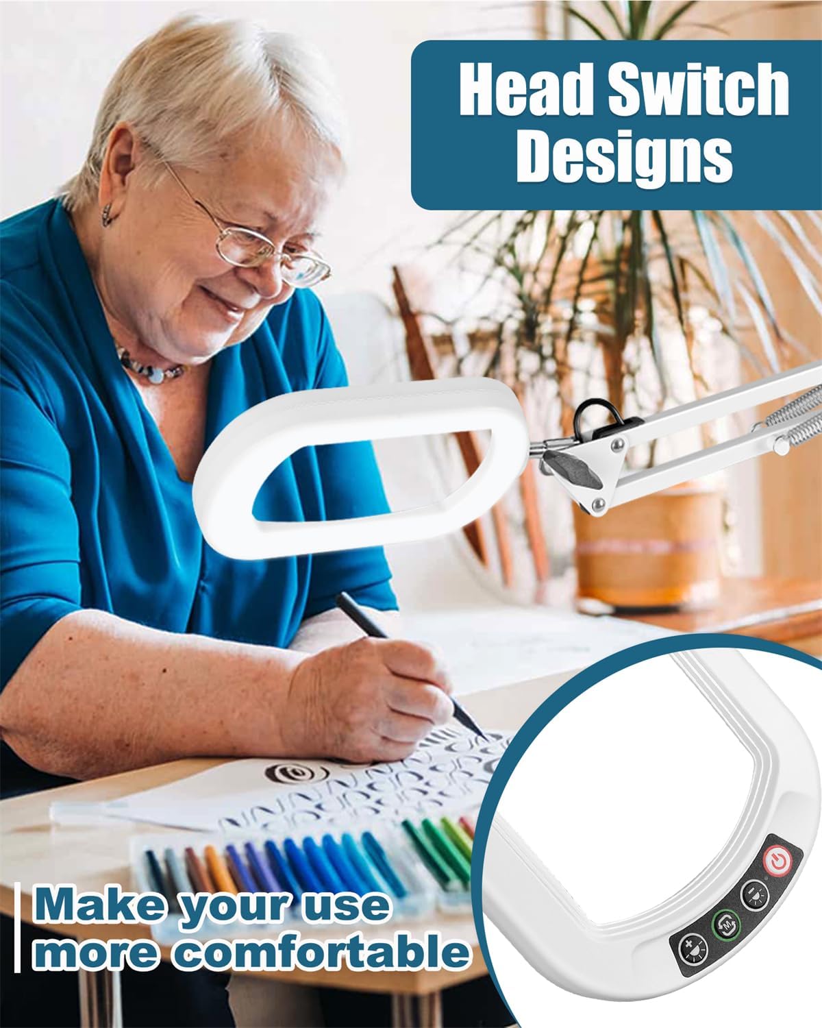 12X Rectangle Magnifying Glass with Light and stand, 2*16 Inch Swivel Arm LED Lighted Clamp Desk Lamp, 5 Color Modes Stepless Dimmable, Large Magnifier with Light for Reading Painting Close Work White