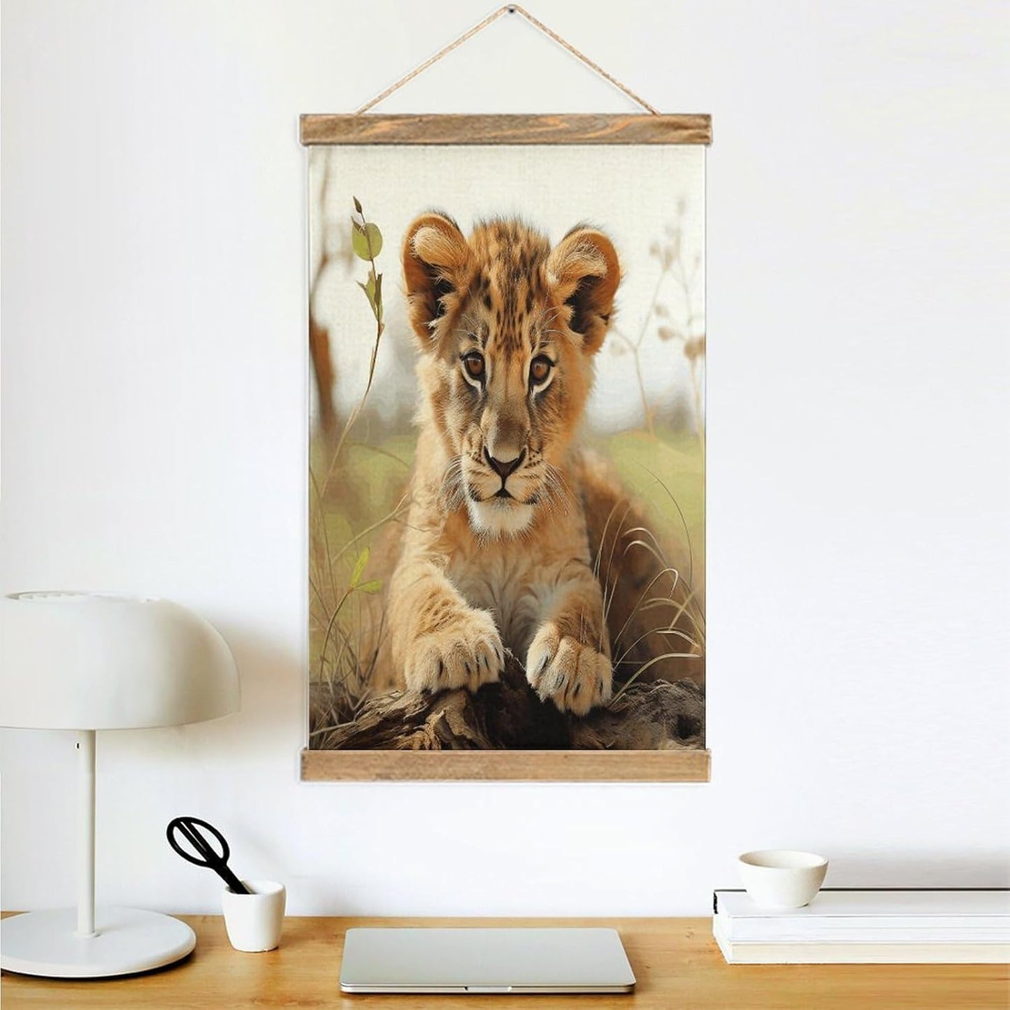 Vintage Cute Little Animal Lion Poster with Wooden Frame Personalized Linen Hanging Scroll Painting Rustic Wall Hanging Illustrative Modern Artwork Decor for Home Living Room Bedroom Office