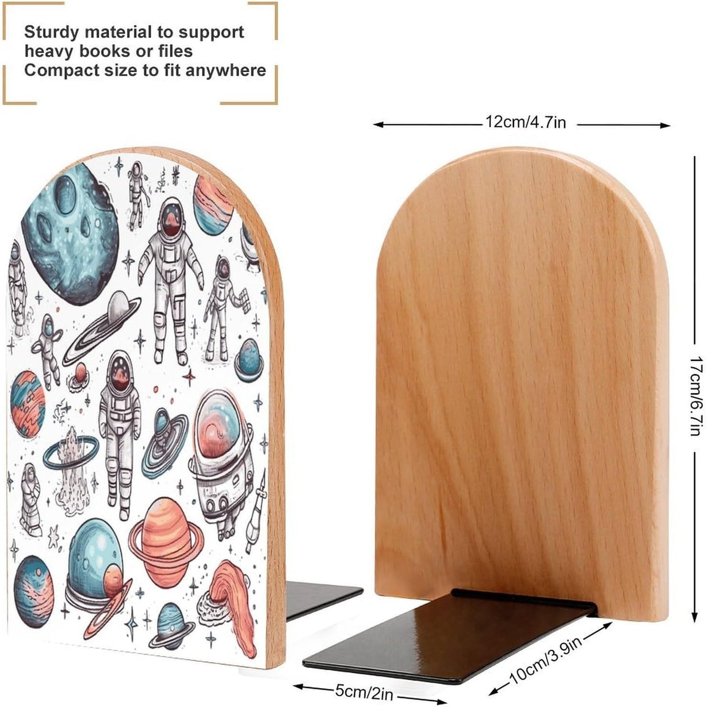 Space Theme Wooden Bookend Non-Slip Book Ends Heavy Duty Book Stopper with Metal Base Books Holderd Decorative Bookends Stands Firmly for Office Supplies