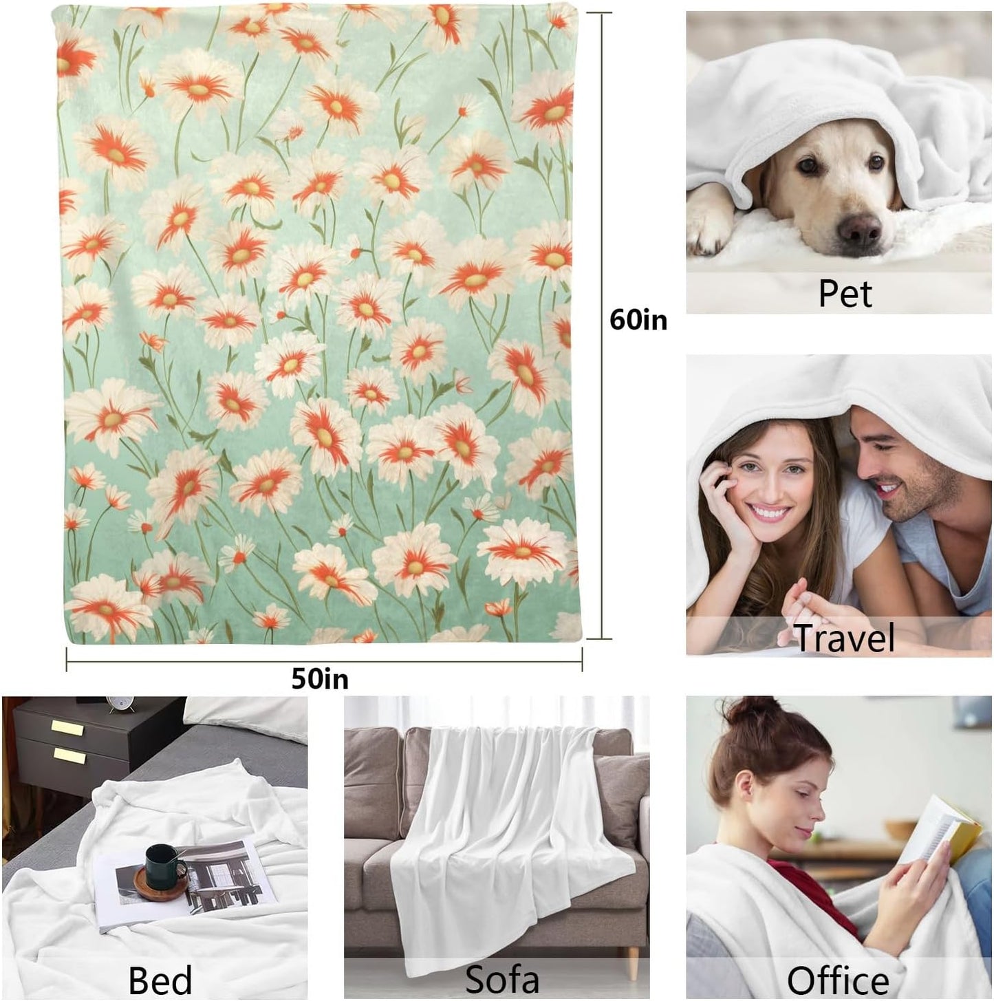 Yellow White Daisy Flannel Throw Blanket, 50×60in - 340GSM Cozy Lightweight Thick Flowers Floral Blanket - Christmas Birthday Gifts for Women, Men and Kids Bedroom Living Room Couch Sofa Decor