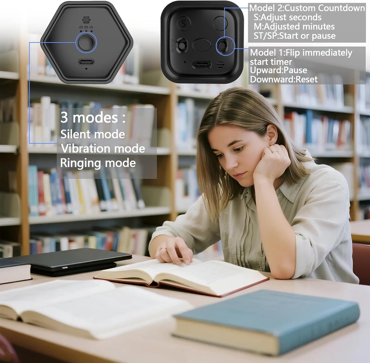 Rotating Cube Timer - 1/5/30/10/60min Presets, Gravity Sensor Pomodoro Stopwatch, 3 Sound Modes, ADHD Study Tool for Office/Kitchen/Classroom (F6 White)