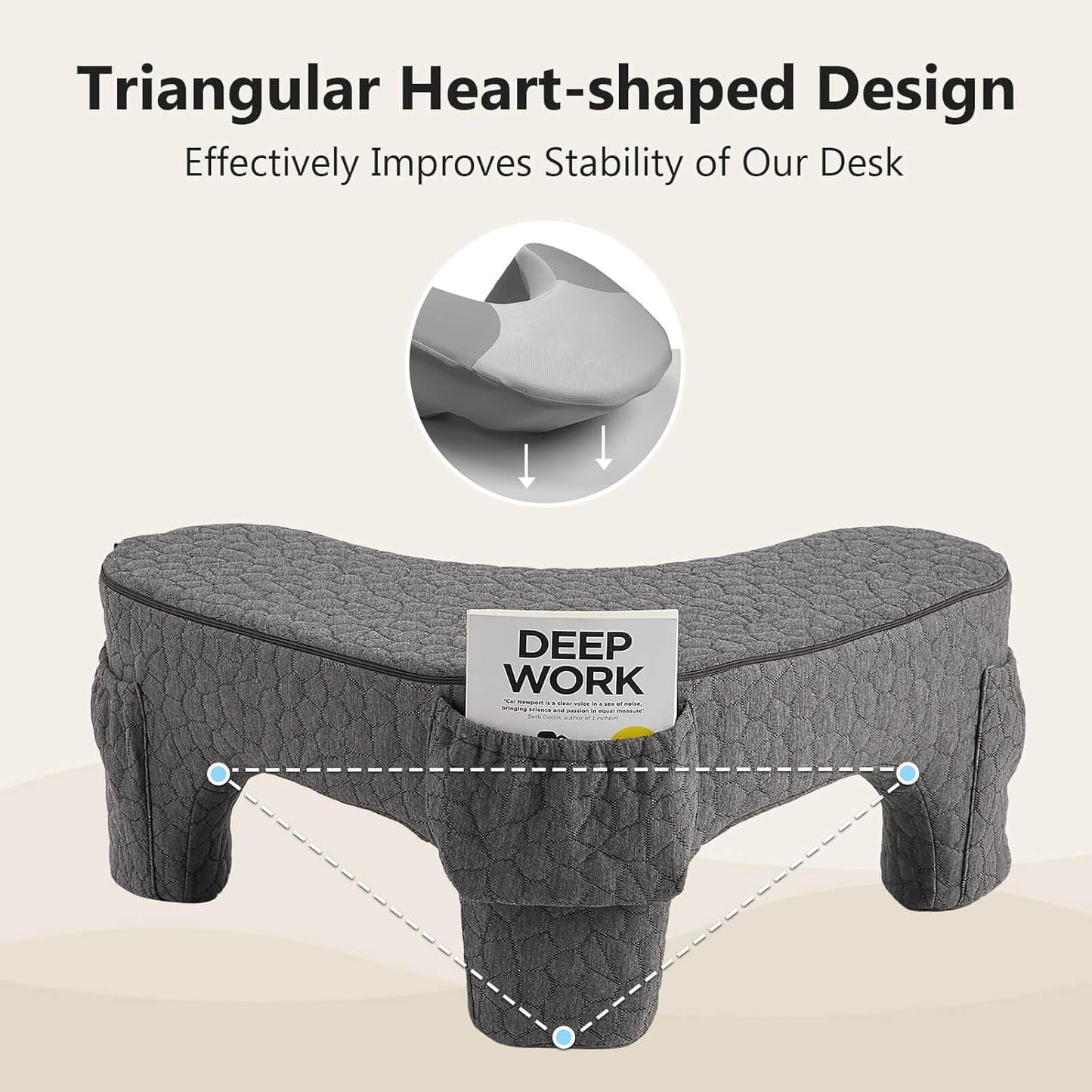 Heart Shaped Reading Pillow for Lap,Ergonomic Memory Foam Rest Pillow with 3 Side Pockets,Soft Lap Desk Pillow,Crochet Support Pillow,Arm Rest Pillow for Reading,Working,Gaming in Bed Sofa Floor(Grey)