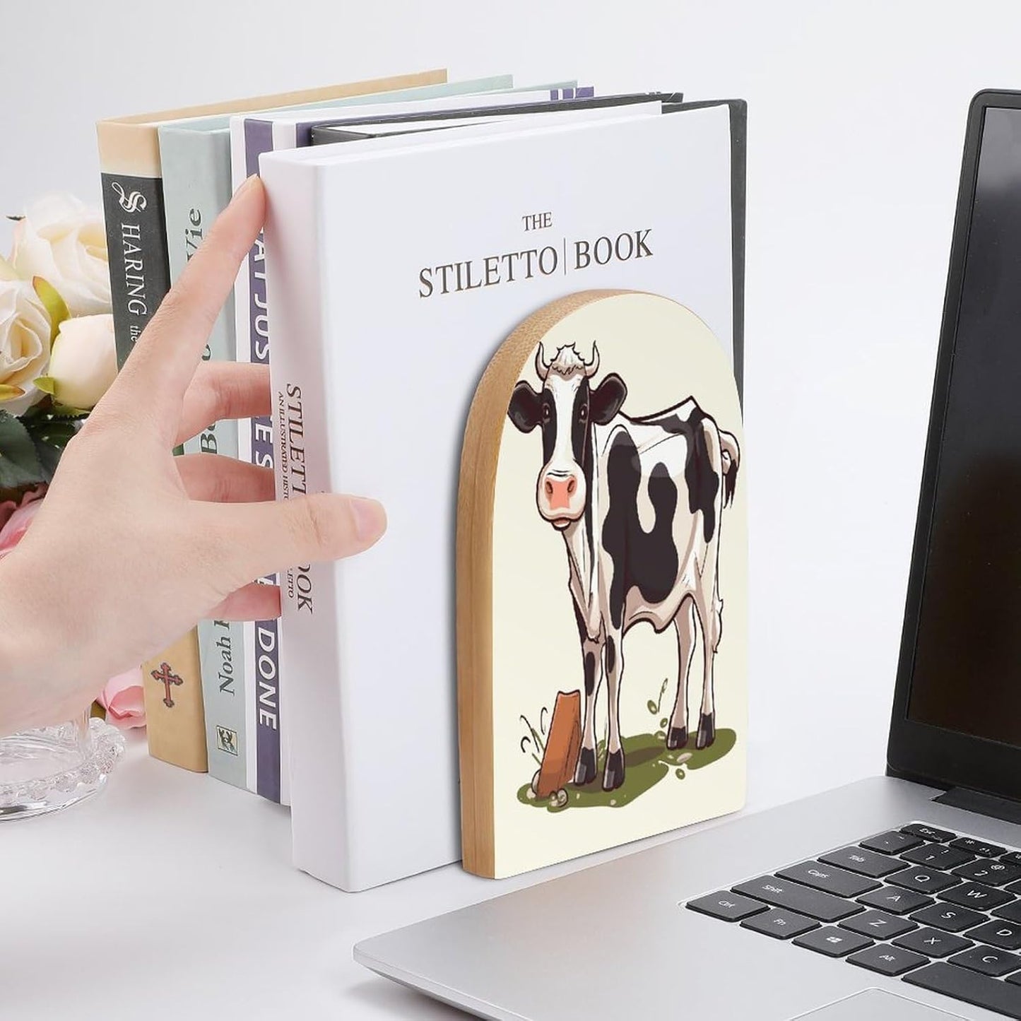 Non-Slip Bookend for Shelves Dairy Cow Wooden Bookends with Metal Base Decorative Book Stopper for Home Heavy Duty Wood Book Storage for Books/CDs