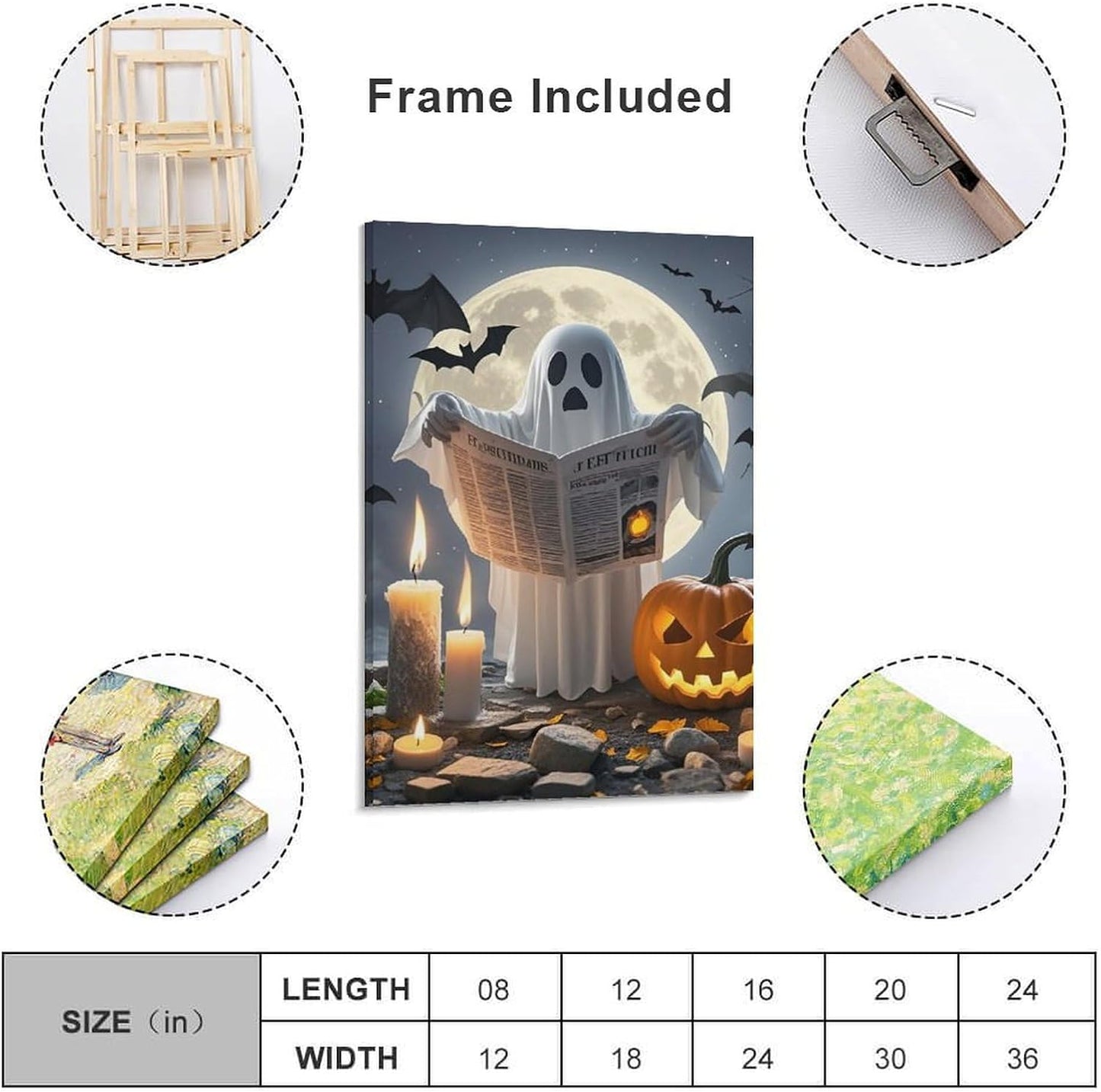 ZLFDSKGY Frame 20x30 inch (50x75 cm) Canvas Wall Art Ghost Reading Printed Wall Decor Hanging Canvas Pictures Wall Decorations Art Poster for Living Room Bedroom Bathroom