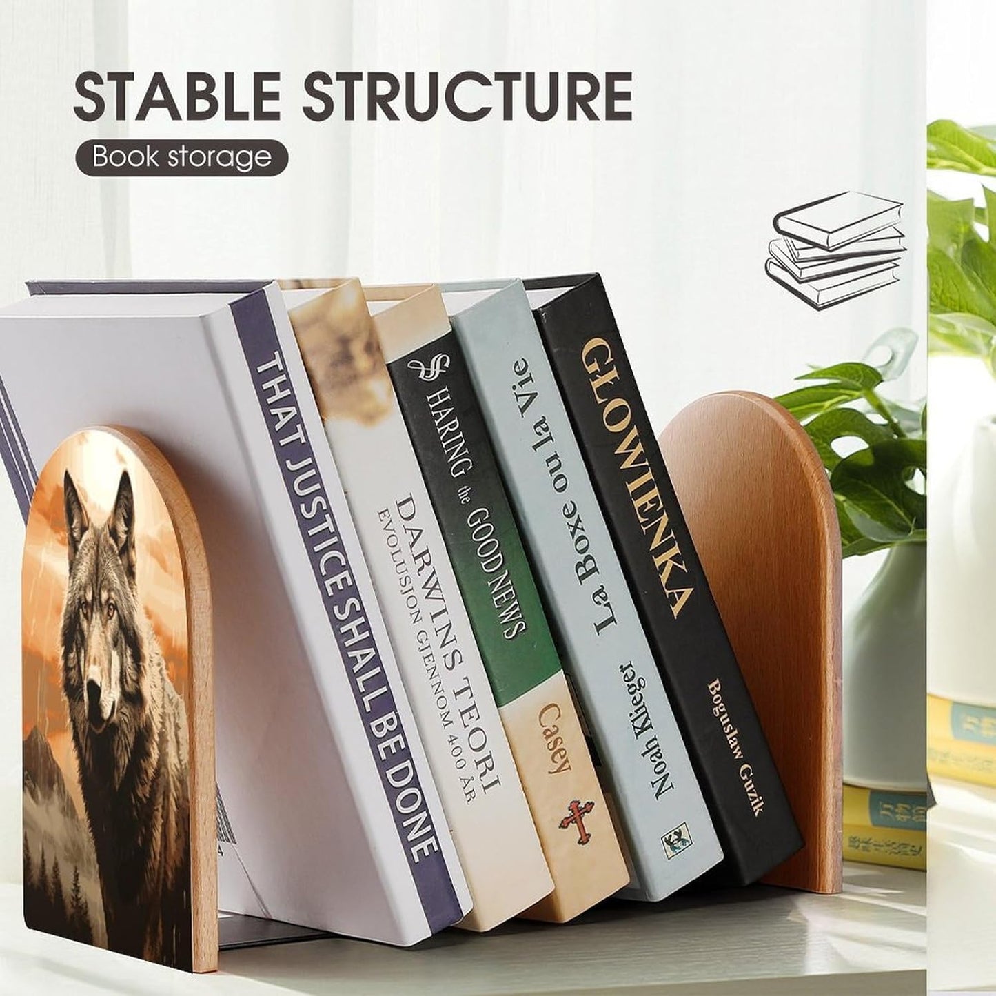 Wolf in The Sun Bookend for Shelves Wooden Book End Large Size Sturdy Book Holders Stoppers with Metal Base for Bookshelves Slick Decorative Bookends Stands
