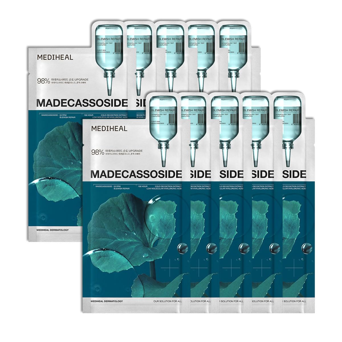 Mediheal Essential Face Mask [Madecassoside] Blemish Repair 10 pcs. with 98% Purity Madecassoside & Hyaluronic Acid - Soothing Care, Hydrating- Travel Essentials, Vegan Formula Korean Sheet Mask