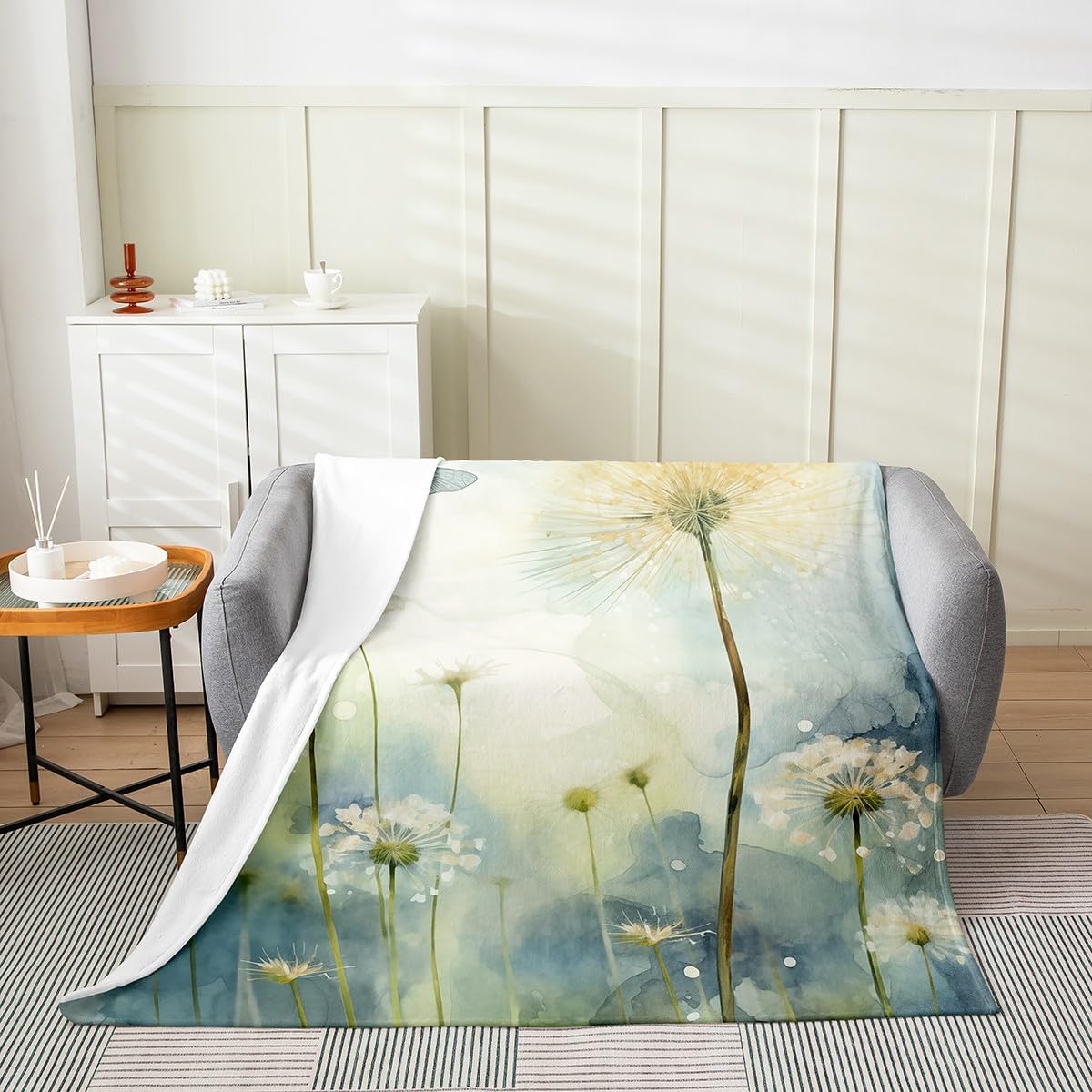 Erosebridal Dandelion Throw 50x60 Blanket, Dragonfly Throw Blanket, Romantic Vintage Sketch Fleece Blanket, Nature Aesthetic Ink Painting Fuzzy Blanket Bedroom Living Room, Yellow Blue