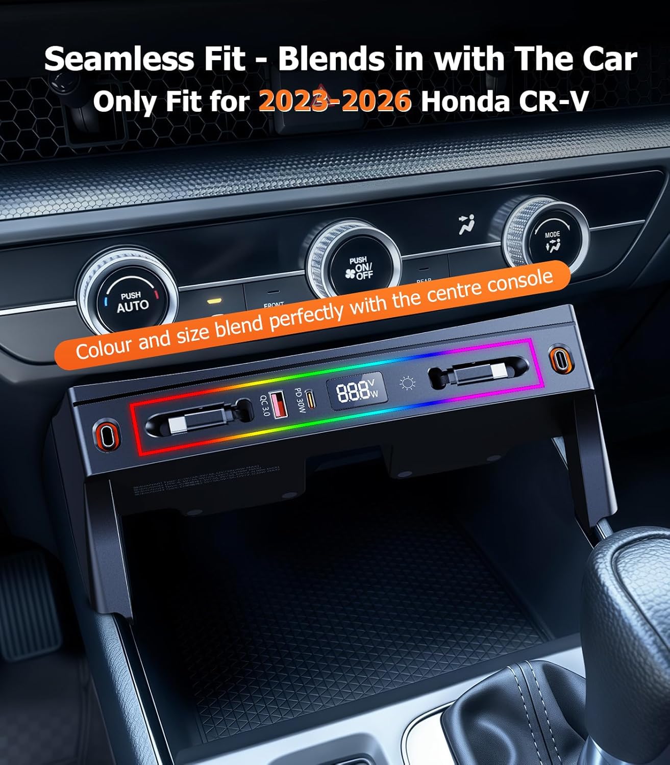 for Honda CRV Car Charger USB Hub with RGB Light, 4-Port Retractable Cable Docking Station for Honda CR-V Accessories 2026 2025 2024 2023, Center Console Phone Fast Charger Hub Voltage Display