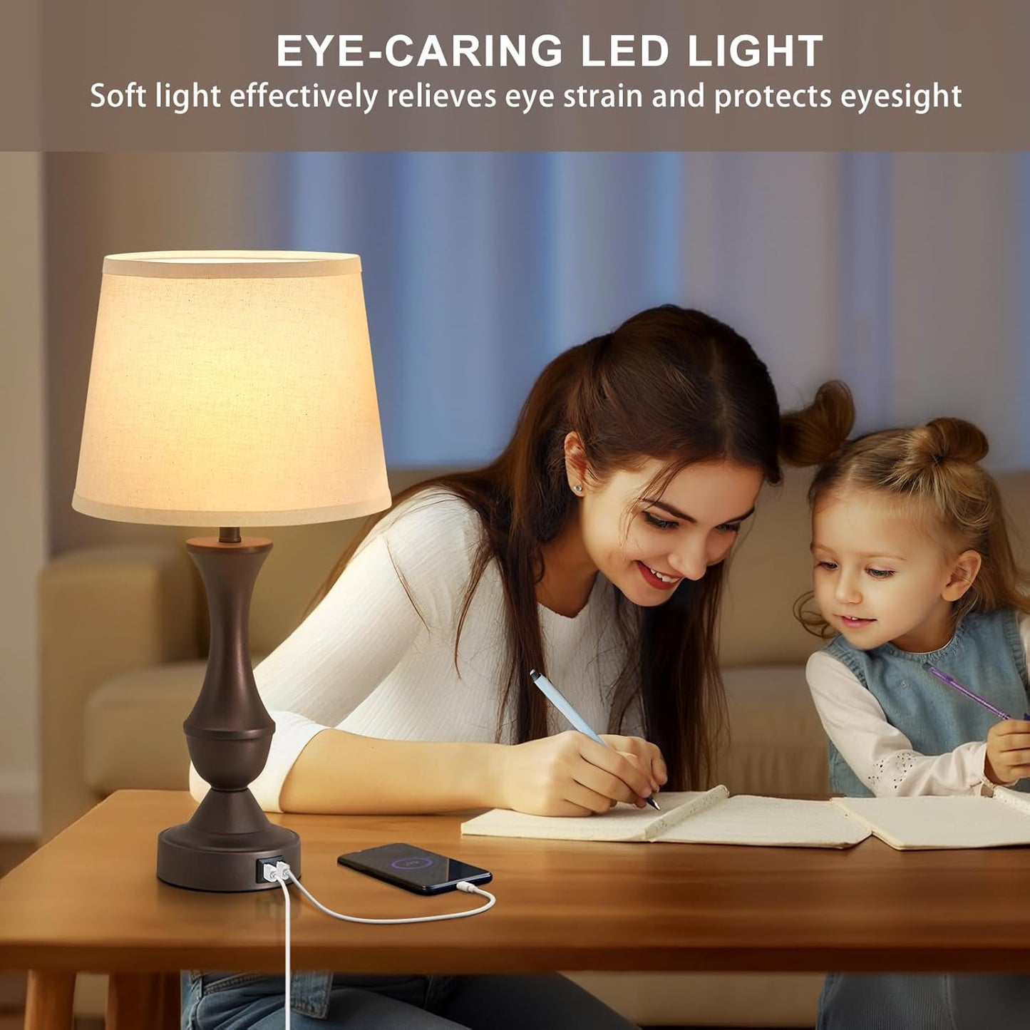 Luvkczc 22" Table Lamp Set of 2 - Vintage Brown Bedside Lamp with Beige Fabric Shade, Dimmable, USB C+A Ports, Nightstand Lamp for Living Room Bedroom (Bulb Included)