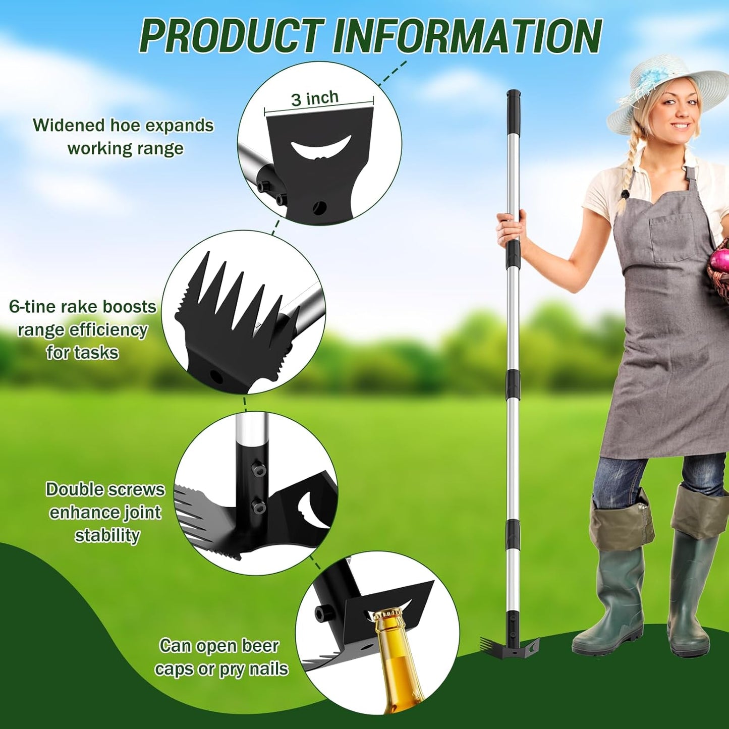 Weed Puller Tool with Long Handle – 2-in-1 Handle Garden Hoe and Weed Rake, Hoe Garden Tool for Home Gardens, Lawns, and Yards