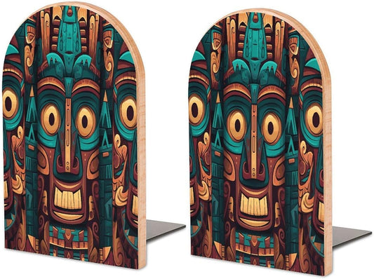 Tribal Mask Pattern Wooden Bookend Non-Slip Book Ends Heavy Duty Book Stopper with Metal Base Books Holderd Decorative Bookends Stands Firmly for Office Supplies