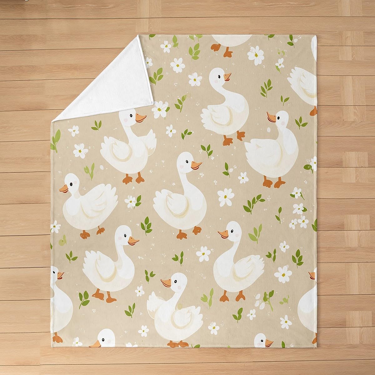 White Goose Flannel Blanket Rustic Duck Fleece Blanket Throw 50x60 Inch - Ultra-Soft for Couch Sofa Bed Cute Floral Fuzzy Plush Throw for Kids Room Farmhouse Country Animal Room Decor