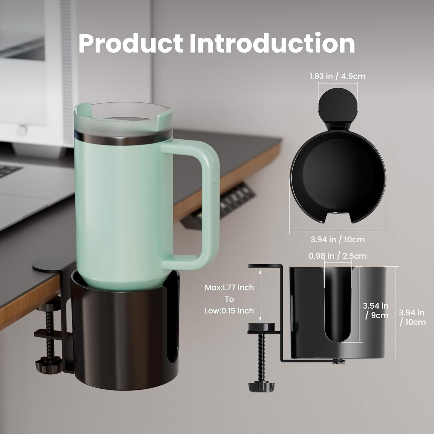 Yinqster 360° Deep Desk Cup Holder with Extra Wide Clamp, Anti-Spill Clip on Cup Holder for Desk, Rotating Table Mug Holder for Office & Gaming Accessories to Hold Stanley YETI Bottles, Bottle Racks