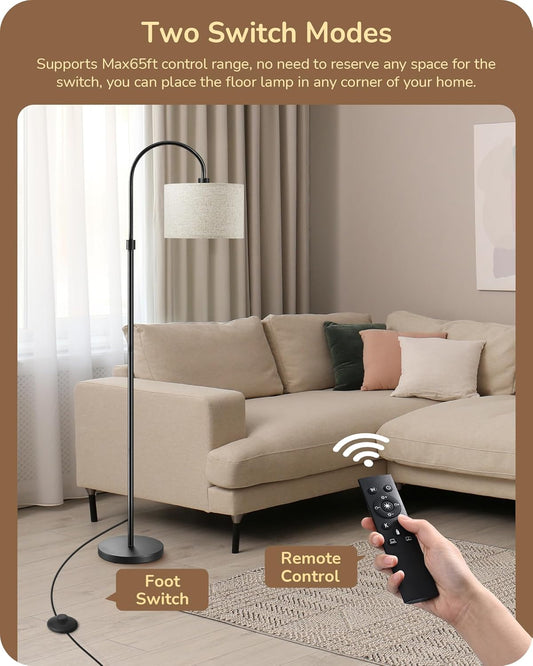 EDISHINE Dimmable Floor Lamp with Remote Control, Modern Arc Standing Lamp, 3000K-6500K Color Temperatures, Reading Light for Living Room Bedroom Office, Footswitch, LED Bulb Included, Black