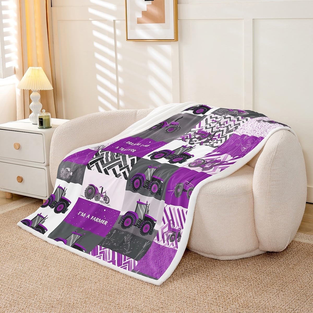 Erosebridal Purple Tractor Blanket Farmhouse Truck Car Throw Blanket Twin Cartoon Equipment Harvester Fleece Blankets Machinery Construction Vehicle Sherpa Blankets Soft Breathable Bedroom Decor