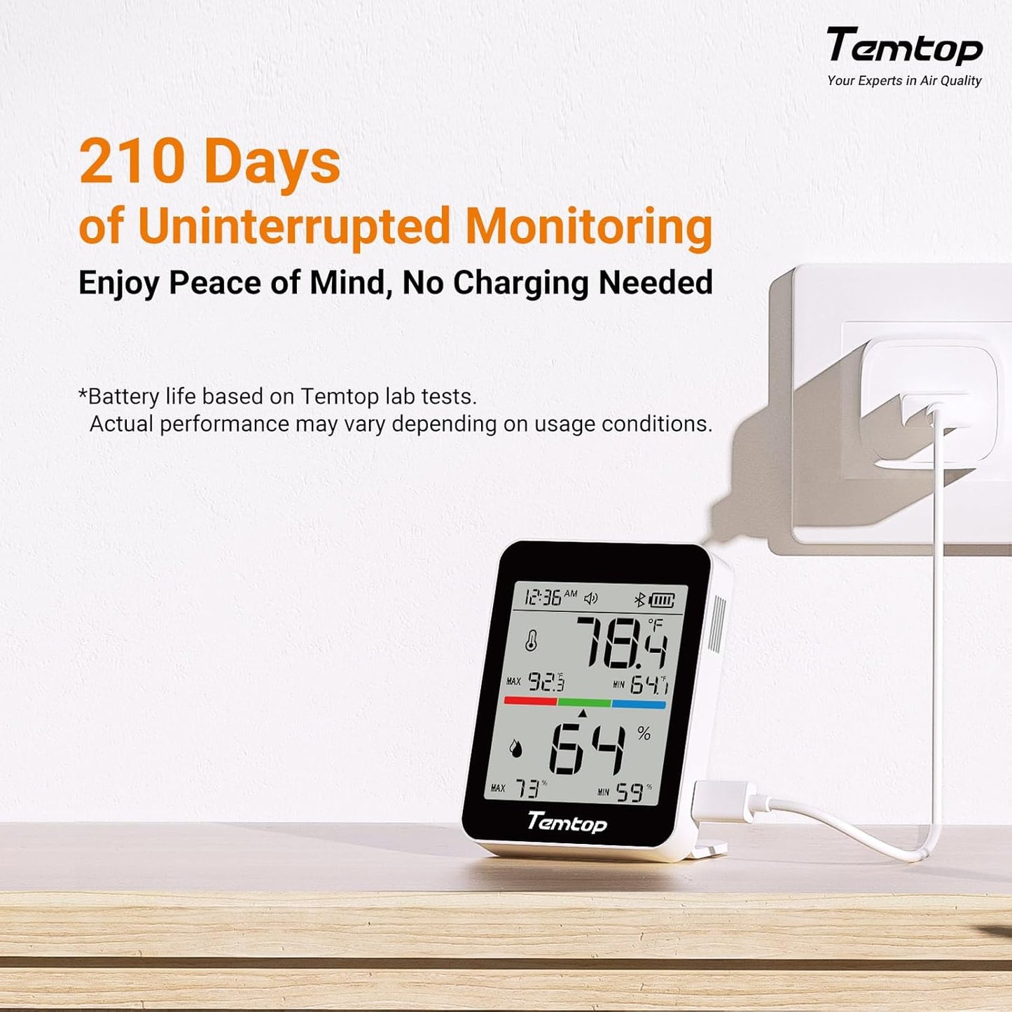 Temtop Humidity Meter T1, Indoor Thermometer for Room Temperature, Bluetooth Hygrometer with Notification Alerts, Data Export, Digital Gauge for Home, Office, Greenhouse, Garage, Baby Nursery, Gift