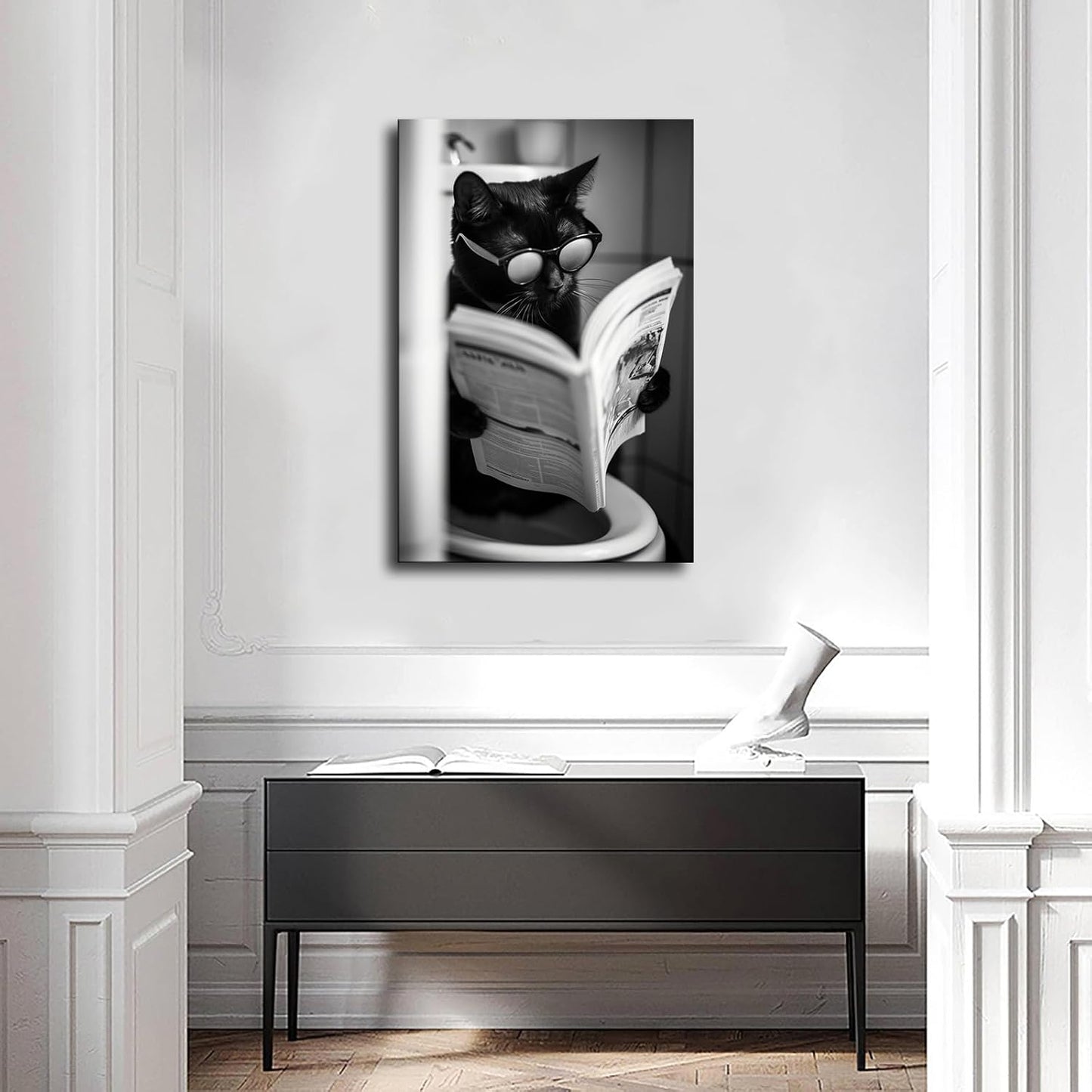 chenmjj Animal Cat Reading Newspaper in Toilet Print Poster Picture HD Print Poster Retro Painted Modern Home Bedroom Room Aesthetic Decoration Canvas Art (08x12inch Unframed)