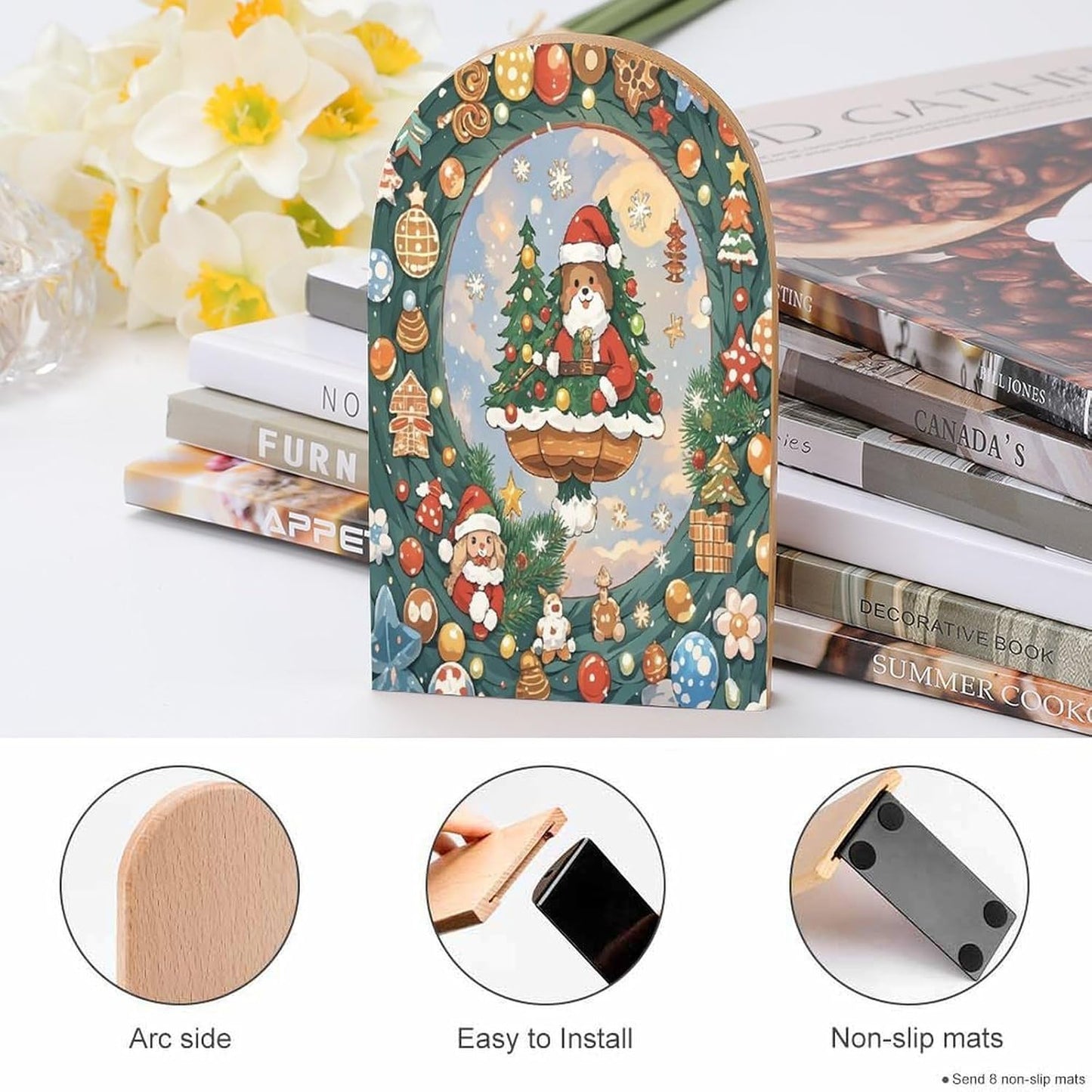 Christmas Aesthetic Bookends 1 Pair Heavy Duty Book Ends for Shelves Non-Skid Bookend Supports Wooden Book Holders with Metal Base Desk Organizers Books Storage to Hold Books