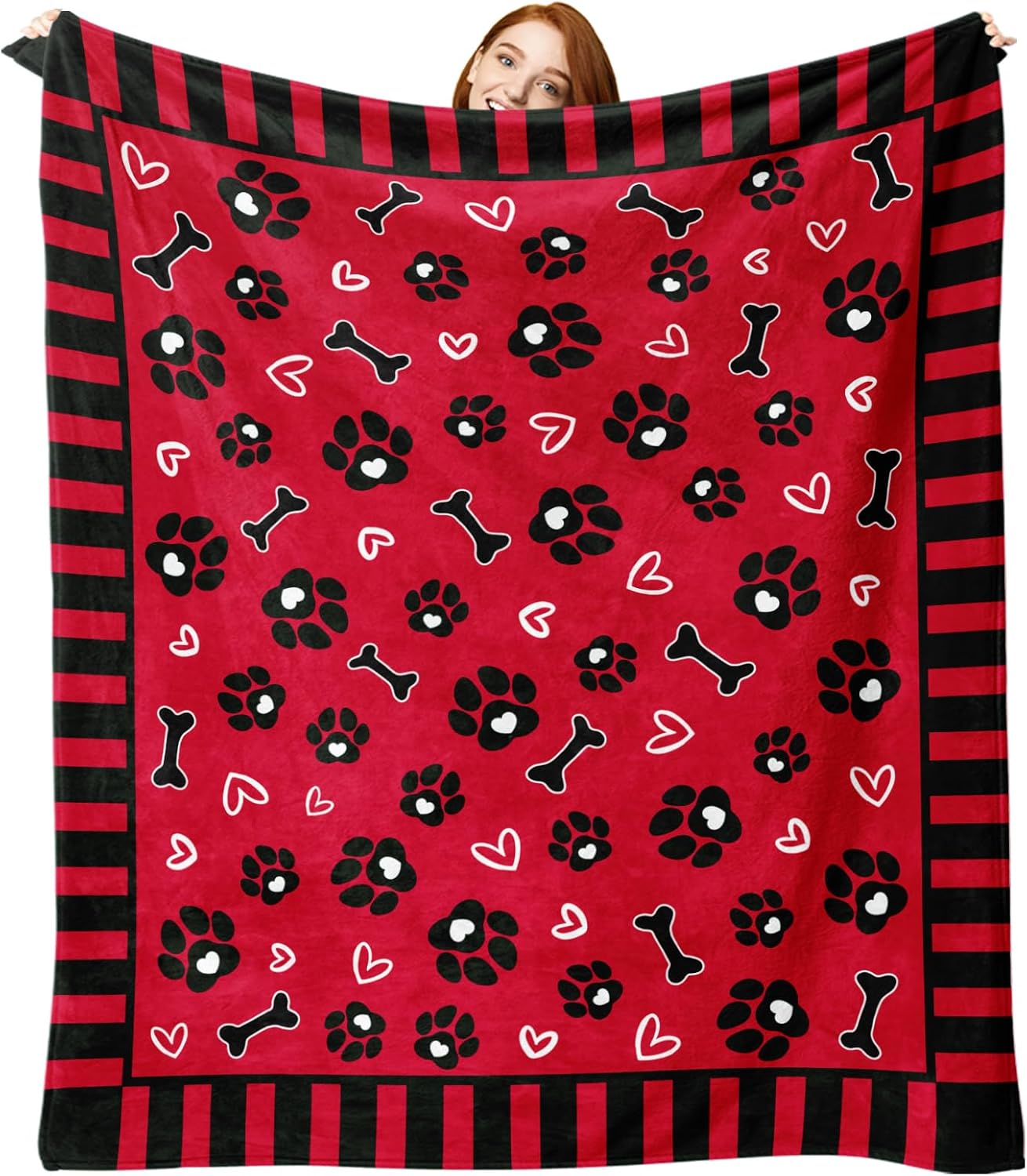 Valentines Red Flannel Blanket, Dog Paw Prints Bone Love Heart Throw Blanket Gifts for Women Girls Wife, Soft Blanket for Anniversary Wedding Bedding Sofa 50 x 60 Inch
