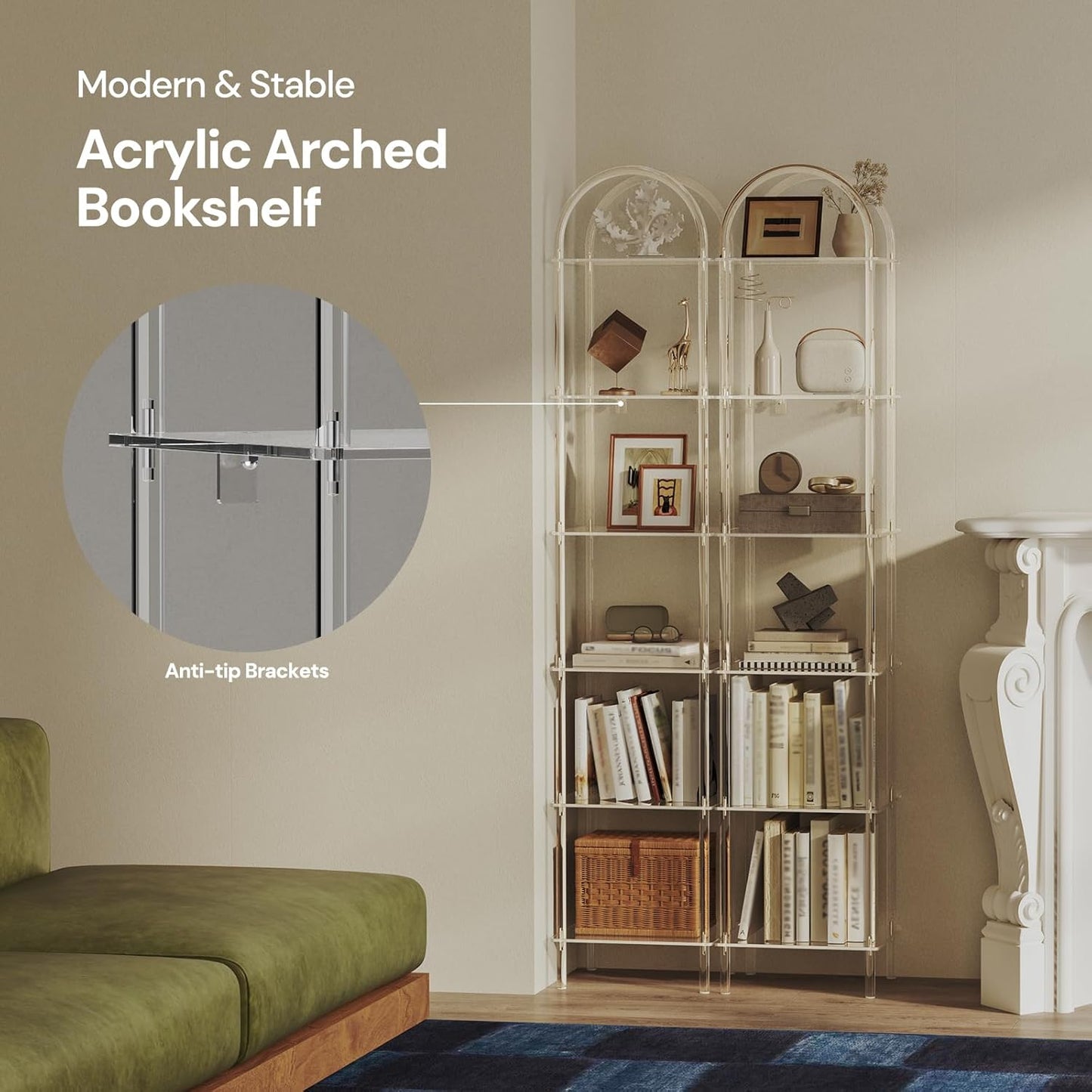 6-Tier Tall Acrylic Arched Bookcase, 13.8''W x 11.8''D x 68.4''H, Clear Narrow Bookshelf for Small Space, Open Book Shelves for Home Office, Living Room, Bedroom, Modern