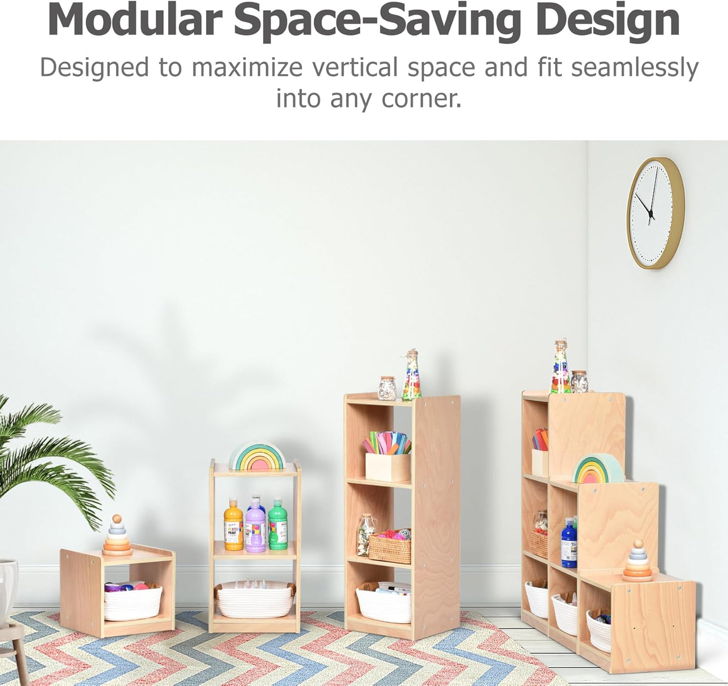 Modular 3-Piece Cube Storage Cabinet, L-Shaped Reversible Ladder Corner Bookshelf with 6+ Cubes, 4-Tier Wooden Freestanding Organizer for Kids Room & Home Office, Natural