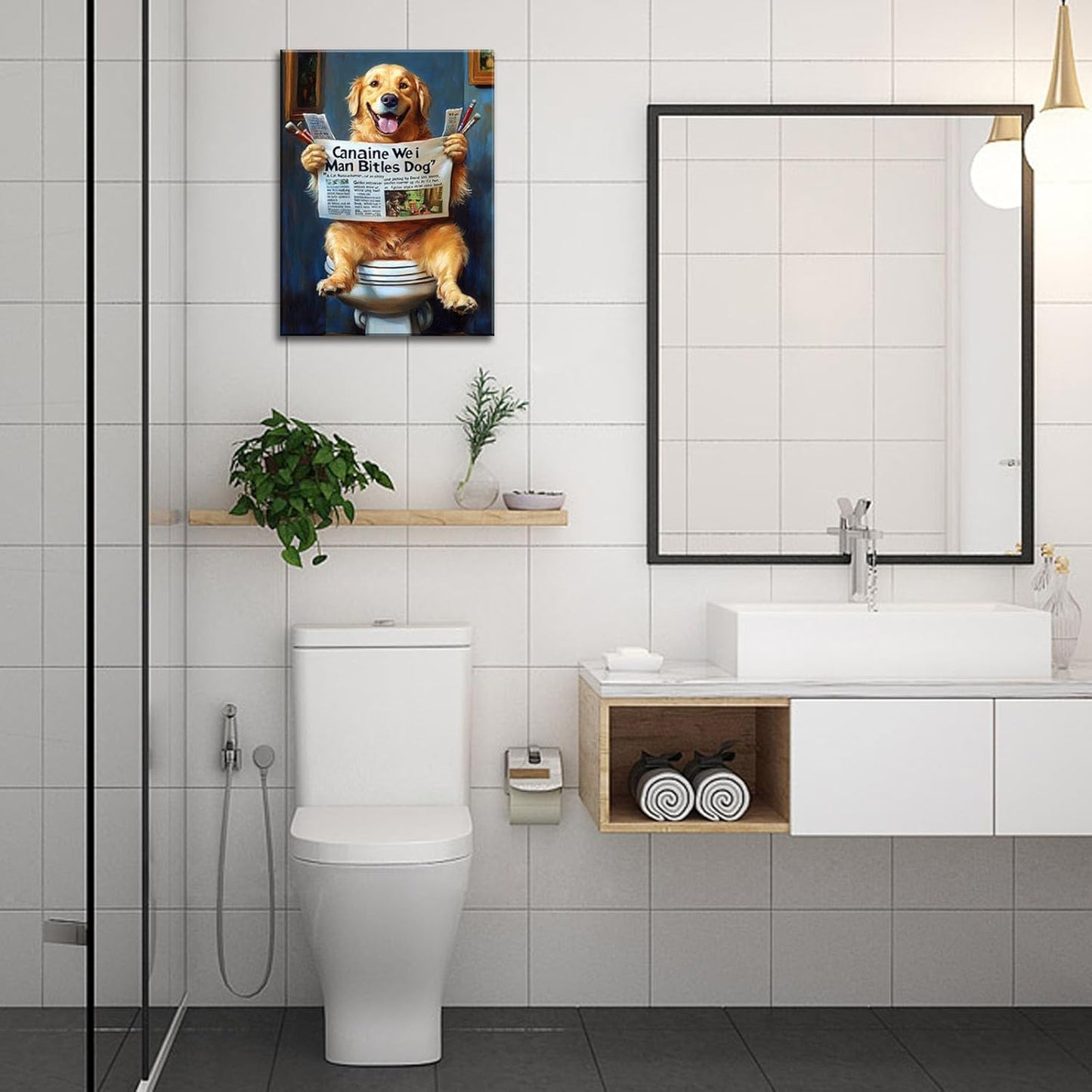 DEORAIO Golden Retriever Reading Newspaper on Toilet Wall Art Funny Pet Picture Bathroom Decor Modern Home Humor Framed Ready to Hang 12x16 inches