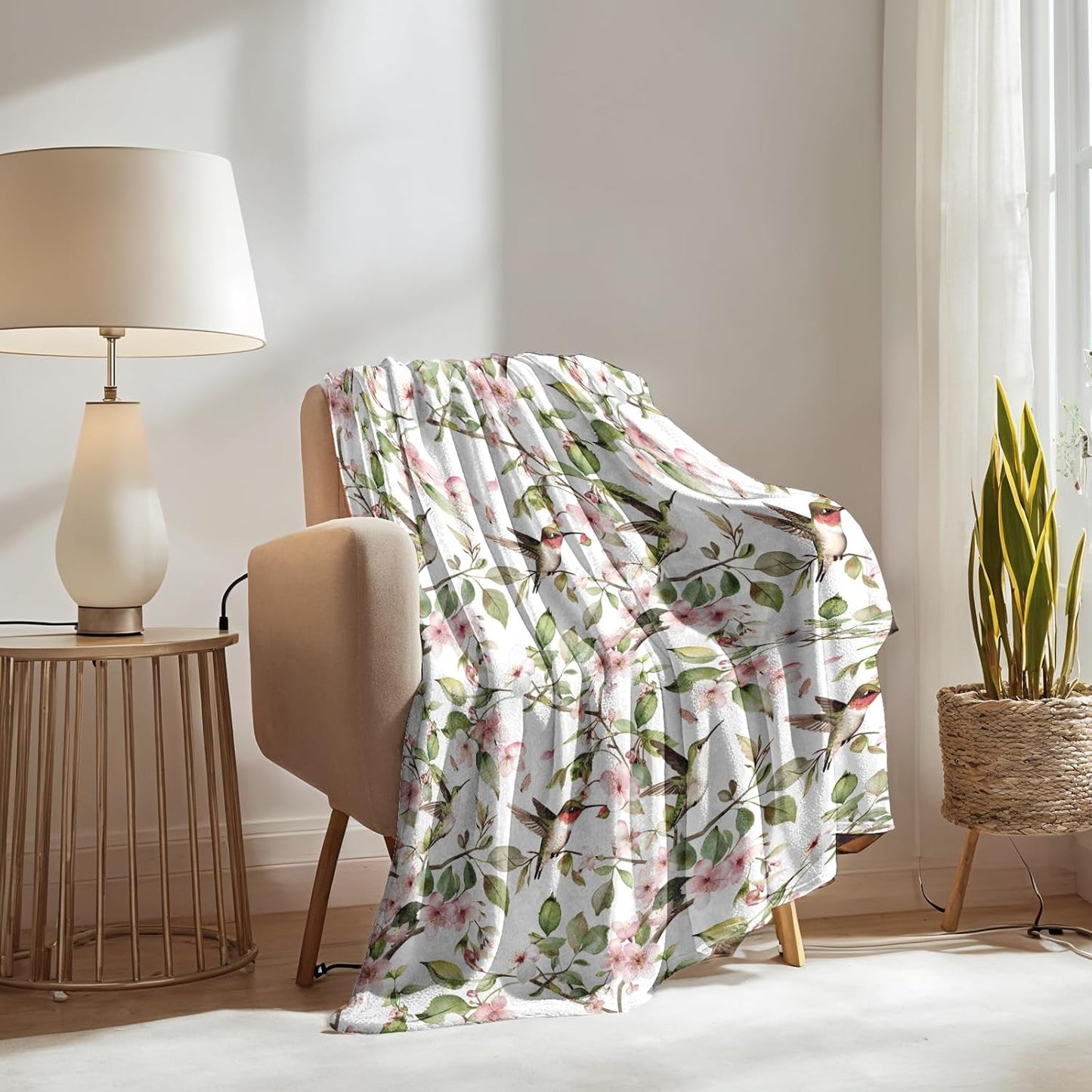 Hummingbird and Cherry Blossom Blanket Gifts for Boys Girls Kids, Watercolor Bird Floral Warm Soft Flannel Throw Blankets for Bedroom, Travel, Sofa, Room, Birthday Christmas Spring Decor, 50x60 in