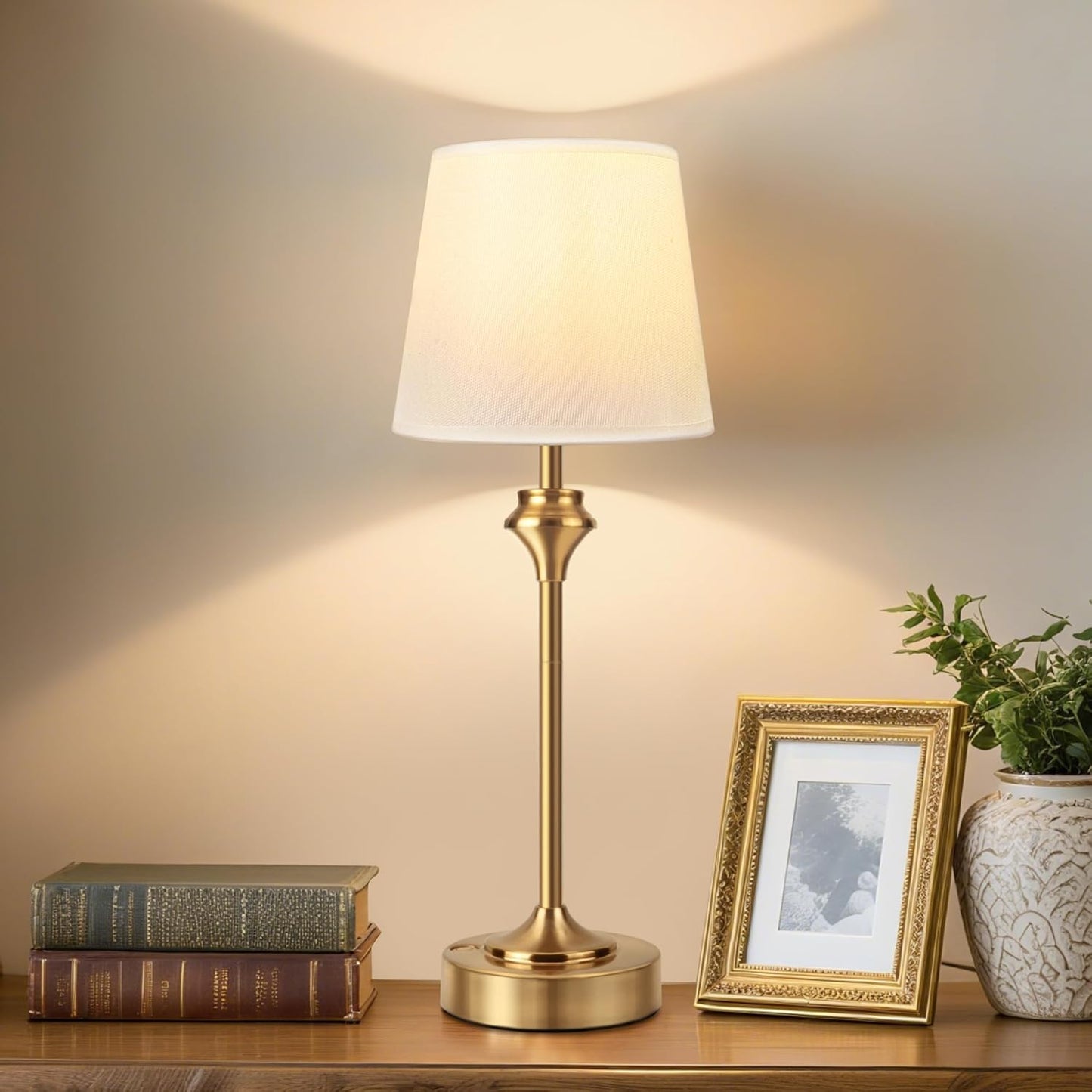 NIORSUN Portables Cordless Table Lamp,Battery Operated Lamp,5200mAh Bedside Table Lamp with Warm White,3 Way Dimmable Touch Desk Lamp for Bedroom Living Room Restaurant White Shade (Gold)