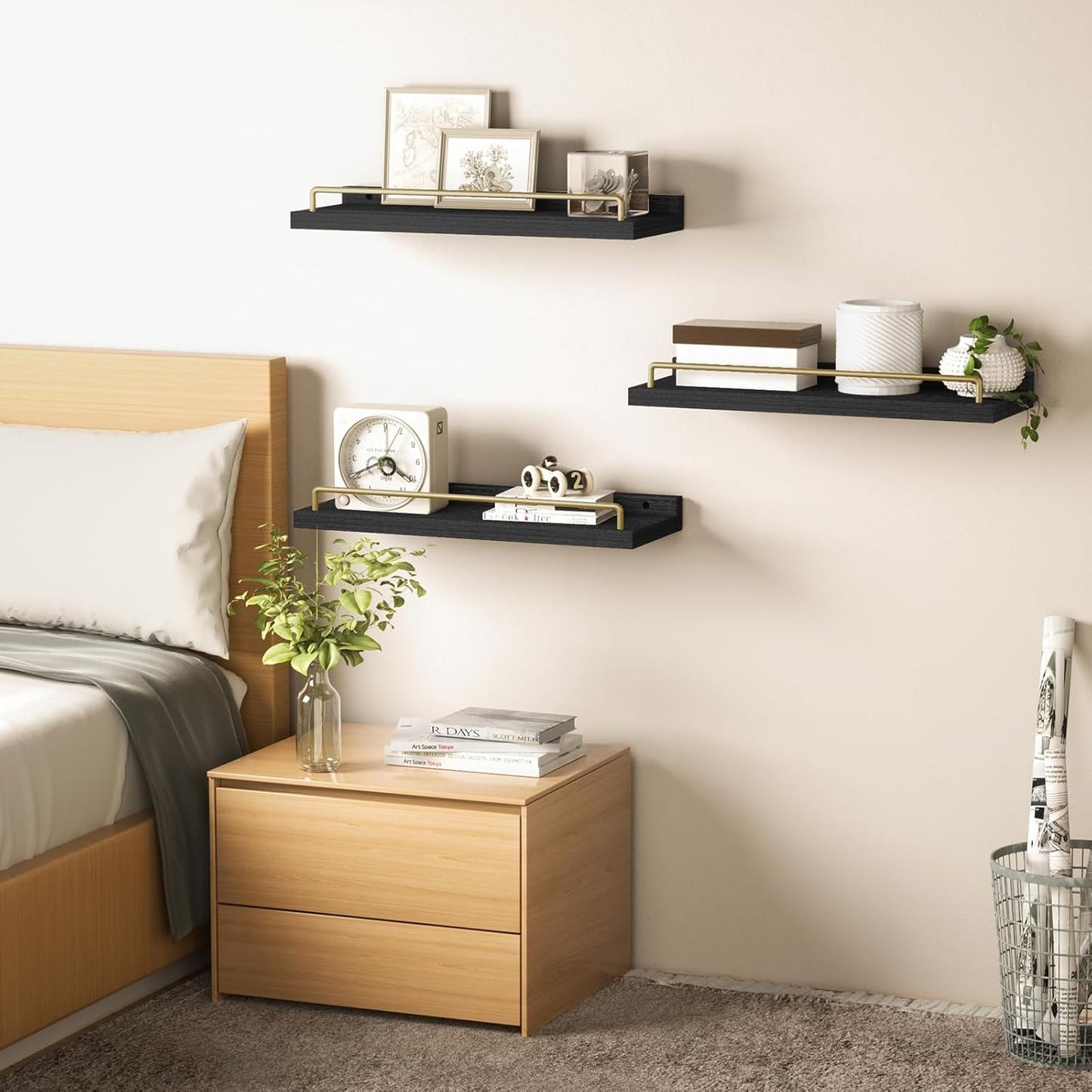 Floating Shelves for Wall Decor, Black and Gold Shelves for Bathroom, Living Room, Bedroom, Picture Frames, Plants, Kitchen (Set of 3)